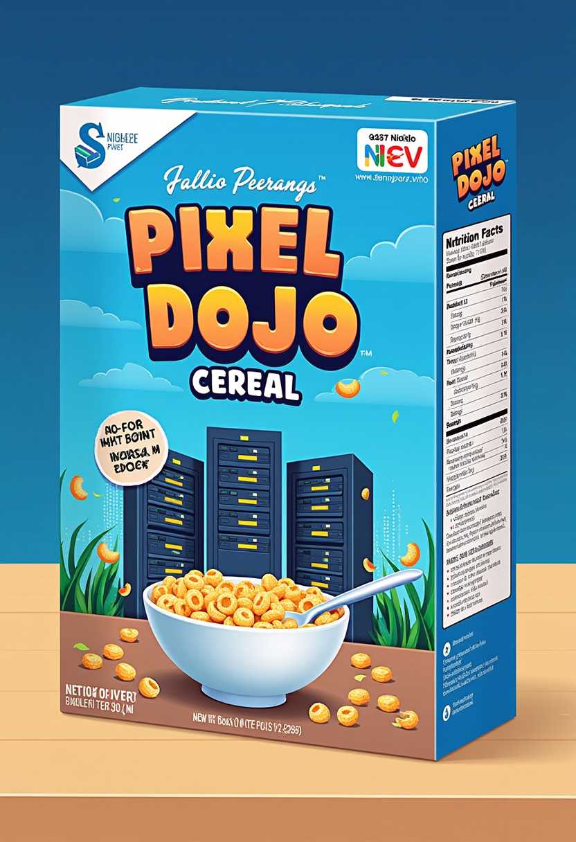 This is a high-resolution digital artwork featuring a cereal box of "Pixel Dojo" cereal. The box is predominantly Pixel Dojo logo as the focus and the word "Pixel Dojo Cereal" in bold, playful letters. The background of the box features a whimsical illustration of computer servers, which is the central focus. There is a circle on the box with the text "Free blue buzz in every box!"
The cereal box also features a vibrant, colorful illustration of computer chips floating around the servers. The bowl and spoon are depicted in the lower right corner of the box, with the spoon resting in the bowl and cereal scattered around it on a wooden surface.
The nutritional information and ingredients are listed on the right side of the box, in a white and blue section. The box is placed on a wooden table, which adds a warm, natural element to the scene. The background of the image is a simple, gradient blue, allowing the colorful cereal box to stand out.