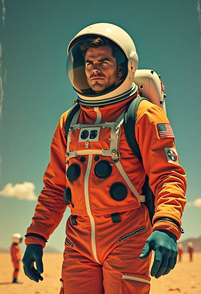 Vintage Sci-fi . An astronaut, dressed in brightly colored spacesuits with clear bubble helmet
