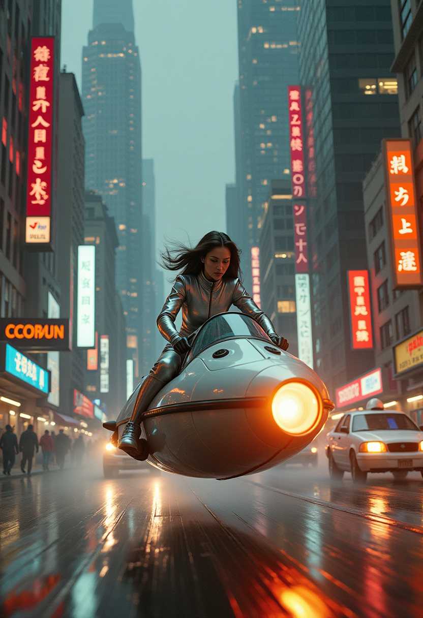 Vintage Sci-fi . Speeding through the crowded streets of a neon-lit futuristic city, a woman in a sleek, silver spacesuit rides a hoverbike, weaving between flying cars and towering skyscrapers