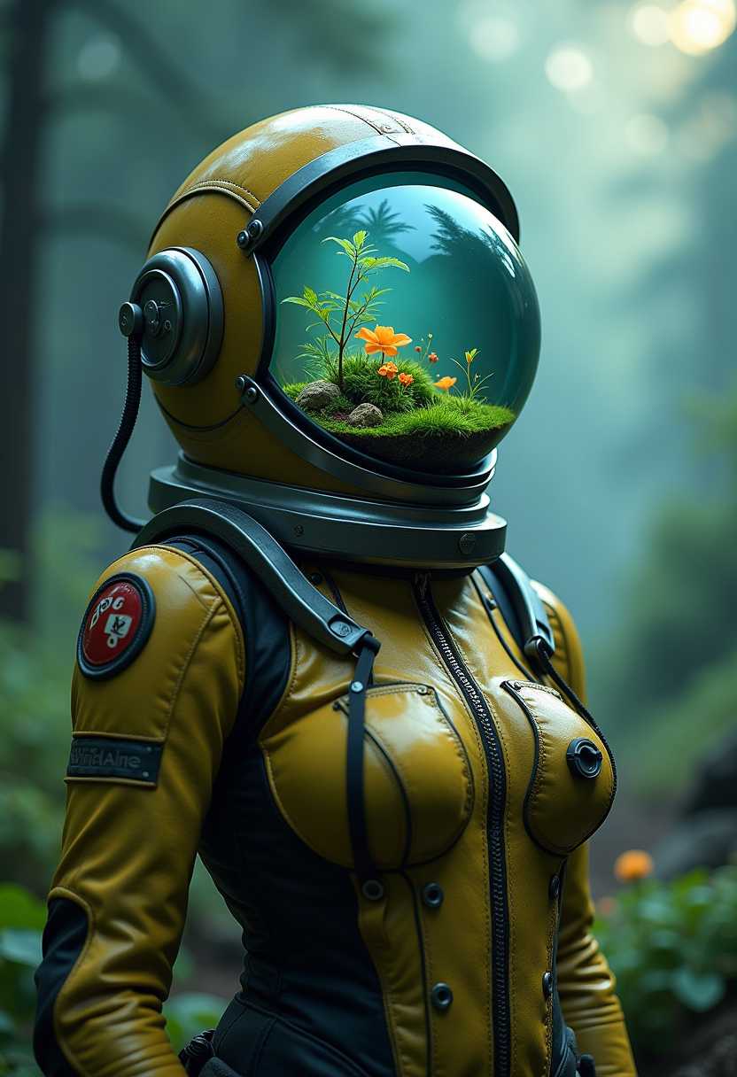 Upper Body Shot of a busty fishtank-head By night, high collar yellow accented outworn space suit, with a fishtank as head with a mossy Forest ground growing growing with many different small plants in a miniature universe in it throwing a beautiful volumetric light, closeup, nebula, 
atmospheric haze, Film grain, cinematic film still, shallow depth of field, highly detailed, moody, epic, atmospheric lighting, billowing cloud backdrop with volumetric lighting from within ,
