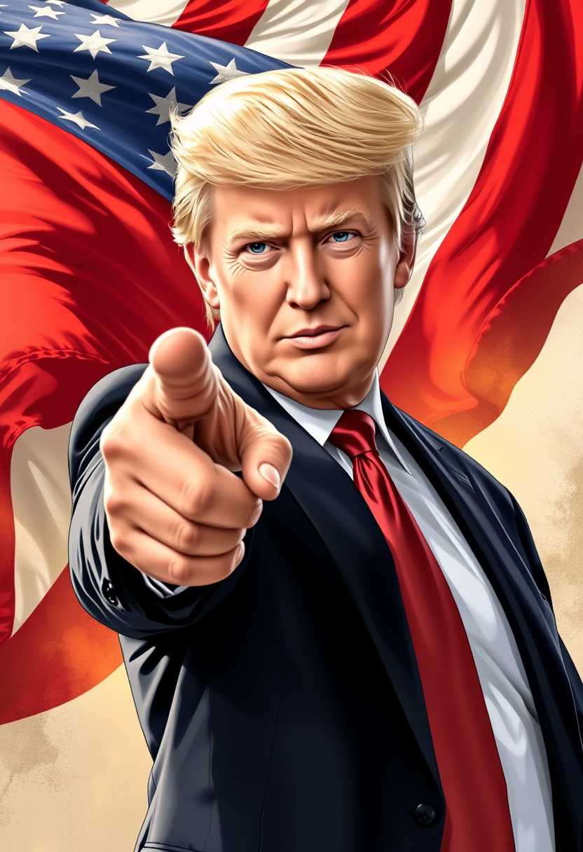 a photo of MAGA, , In a vivid, highly detailed traditional art style reminiscent of Hirohiko Araki's dynamic illustrations, a charismatic Donald Trump stands proudly at the forefront, striking a dramatic pose that commands attention. His expressive features, with a confident smirk and piercing blue eyes, are intricately rendered, showcasing every subtle contour of his face. Clad in a tailored suit that exudes authority, he gestures emphatically, pointing directly at the viewer with an assertive and engaging posture. 

Behind him, the iconic red, white, and blue of the American flag unfurls majestically, its vibrant colors contrasting against the rich, textured background, enhancing the sense of patriotism. The flag ripples gently, almost as if caught in a soft breeze, while the crisp fabric creates a wave of motion that adds energy to the scene. 

Soft golden hues of light play across the composition, highlighting the sharpness of Trump's suit and the glossy sheen of his hair. The overall atmosphere is charged with a sense of determination and charisma, inviting viewers into a moment that feels both personal and monumental, as if they're being called to action. The scene encapsulates the complexity of leadership, blending boldness with a touch of theatrical flair, stimulating both admiration and contemplation.