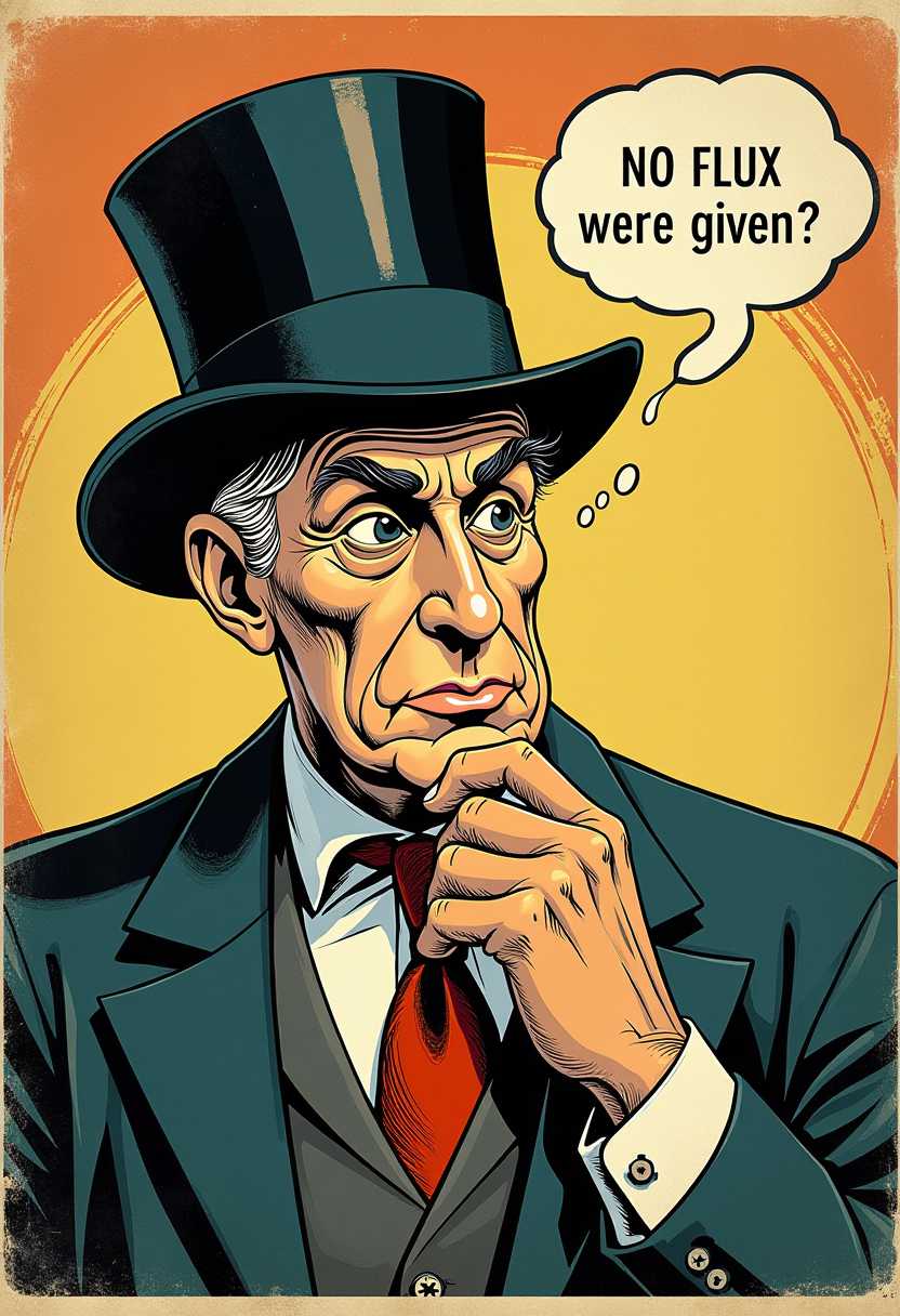 c0m1c style vintage 1930s style comic strip panel of a rich old man wearing a top hat and dapper suit deep in thought, thinking with a thought bubble that reads "No FLUX were given?"  