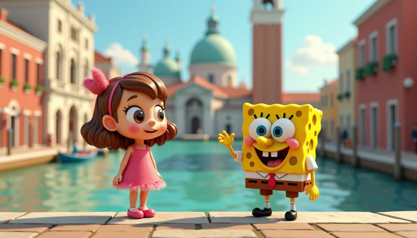 This image features 3d characters and scenery. The art style is whimsical and cartoonish, with exaggerated facial features and a playful, fantastical quality. 3d cartoon girl, large eyes, visits Venice with Spongebob Squarepants in 1950.