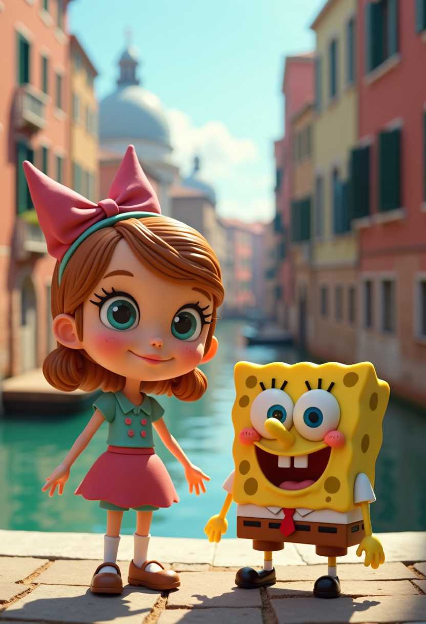 This image features 3d characters and scenery. The art style is whimsical and cartoonish, with exaggerated facial features and a playful, fantastical quality. 3d cartoon girl, large eyes, visits Venice with Spongebob Squarepants in 1950.
