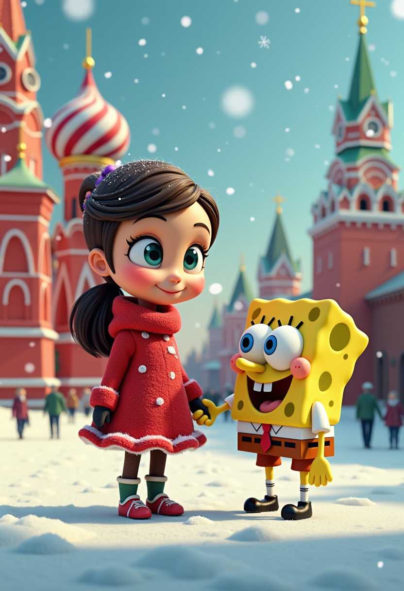 This image features 3d characters and scenery. The art style is whimsical and cartoonish, with exaggerated facial features and a playful, fantastical quality. 3d cartoon young woman, large eyes, visits Red Square with Spongebob Squarepants in 1960. Snow, Xmas.
