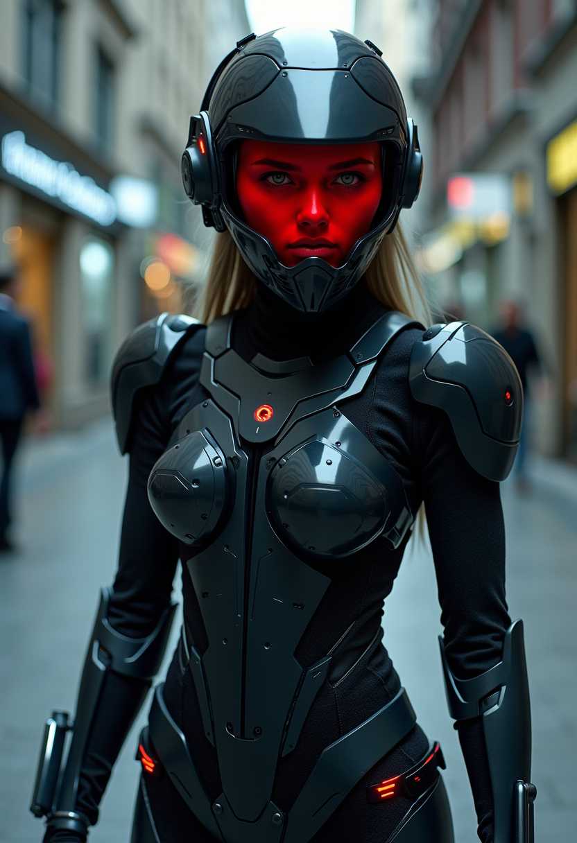 A figure clad in a sleek, futuristic black armor suit with red accents stands prominently in an urban setting