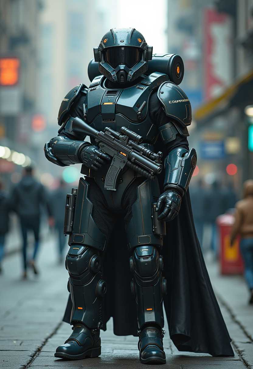 Advanced Armor Warrior with Tactical Rifle in Urban Setting