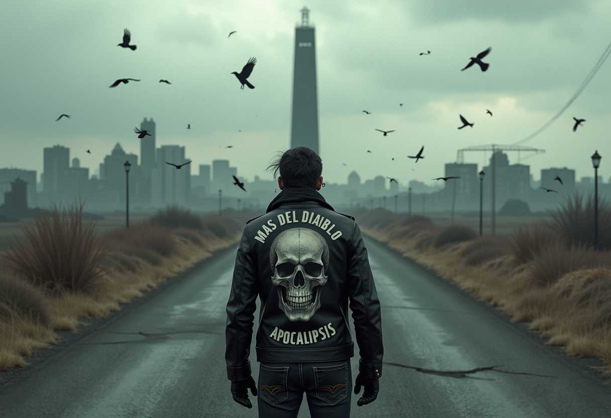 SkullEmblazoned Biker Gaze Upon Forlorn Cityscape, Birds Circle in Apocalypse Themed tableau
