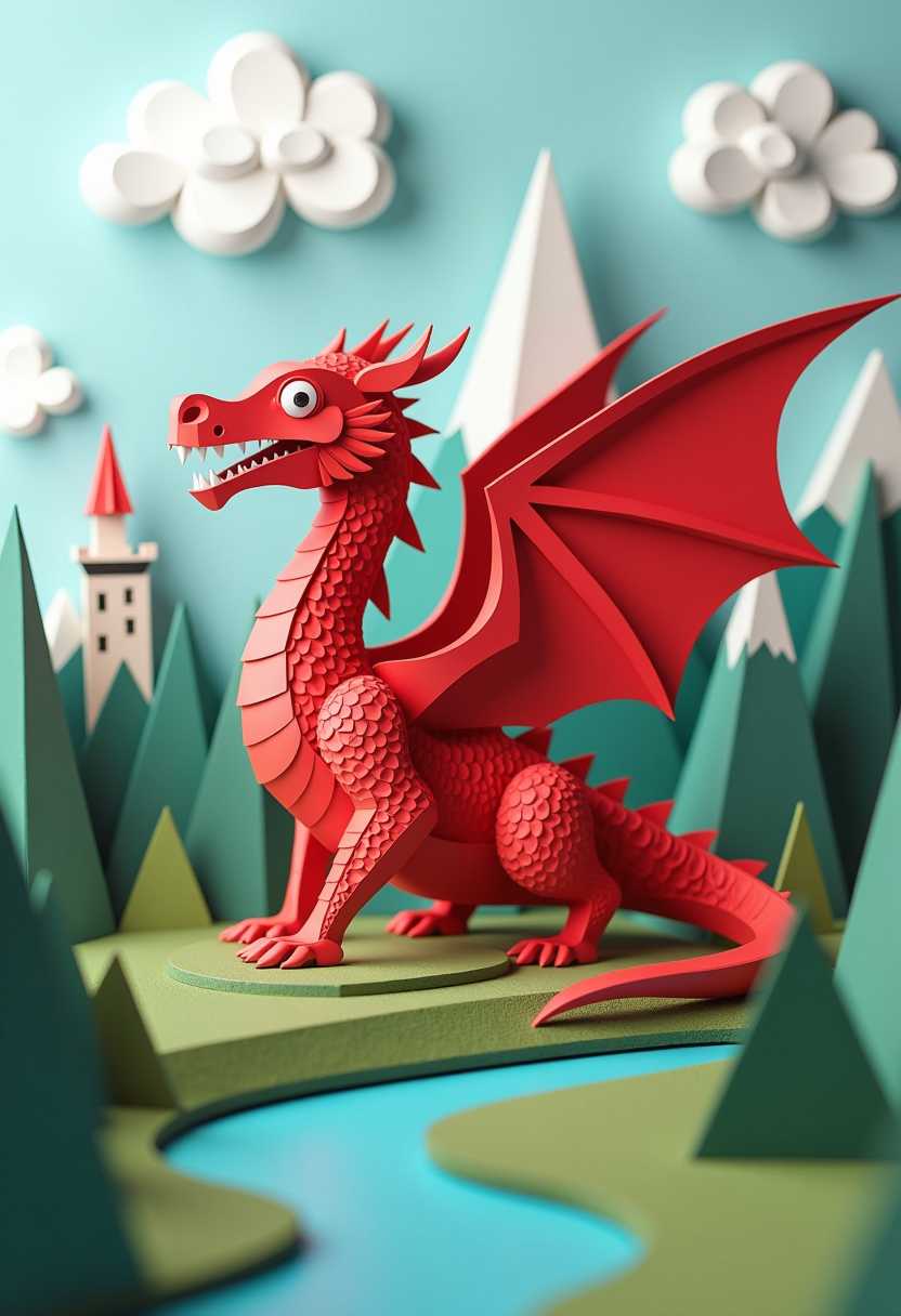 low poly red dragon made of colored cardboard. low poly mountains, clouds and castle.


