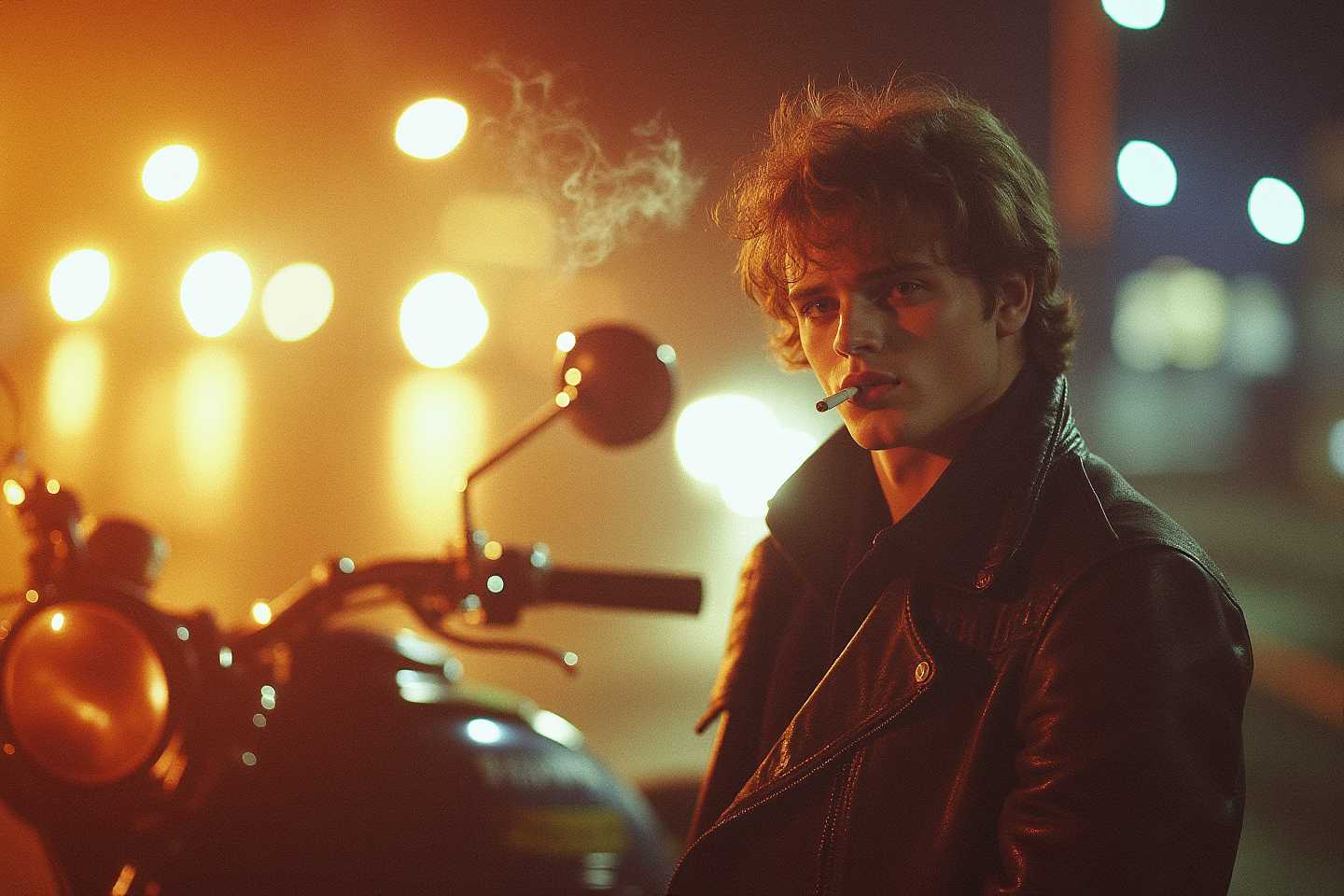 cinematic photographic night shot in the style of the 60th years. A young man James Dean like stand in front of an old Harley Davidson motorcycle with a cigarette in this hand. dark night, blured background, bokeh, high definition, intrinsic details, 32k, 