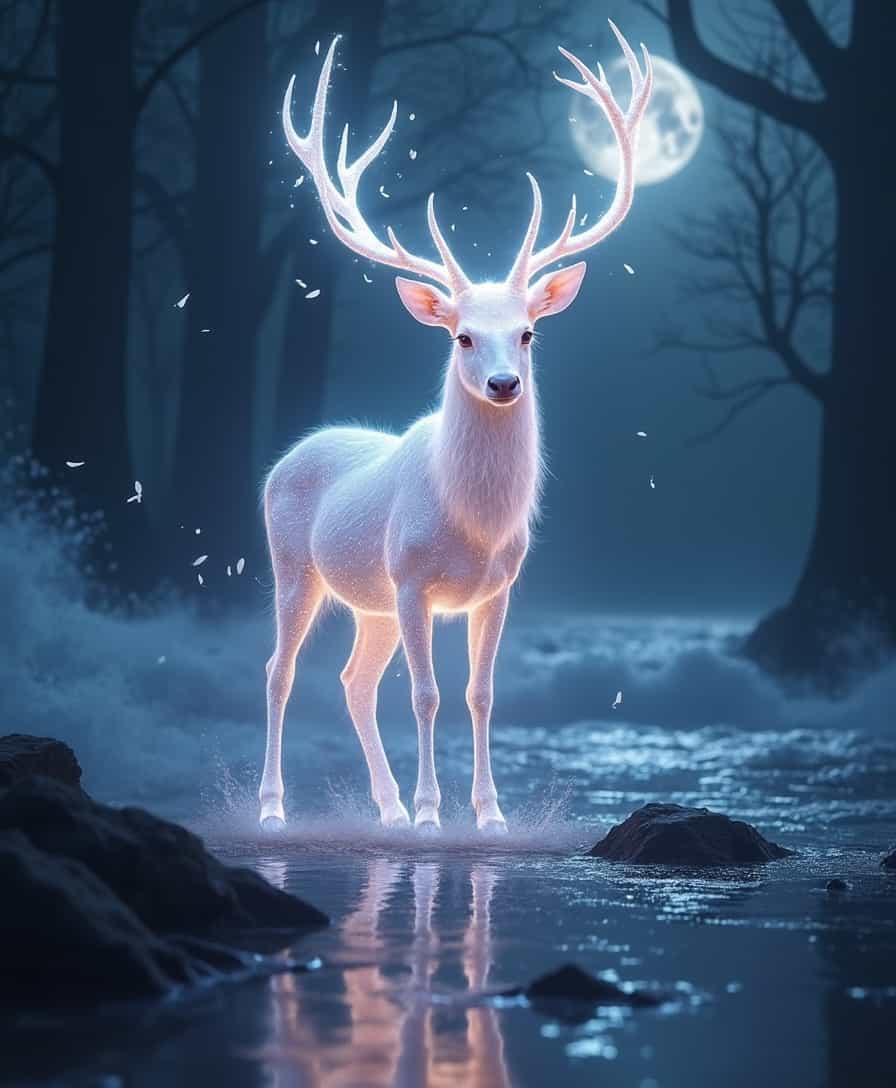 A glowing white stag with ethereal, luminous antlers stands in the center of a dark, enchanted forest. Its body is illuminated with soft white light, and its tall antlers appear to glow with pastel hues of pink, purple, and blue, blending into the surrounding atmosphere. The stag stands still, facing forward, with delicate white leaves floating around it, as if carried by a magical breeze. Its reflection is perfectly mirrored in the calm, dark water at its feet. The stag's eyes are calm and wise, radiating a sense of mystical serenity.   A stormy sea at night with crashing waves and flashes of lightning illuminating the dark clouds. The moon is partially visible, casting a faint glow over the tumultuous water. The atmosphere is tense and dramatic, with a strong sense of impending danger. Dark rocks are scattered along the shore, contrasting with the violent movement of the waves.    <lora:FluxMythP0rtr4itStyle:0.8> MythP0rt, <lora:aidmaMJ6.1-FLUX-V0.2:0.6> aidmaMJ6.1, <lora:sxz-Dark-Fantasy-v2-Flux:0.66> drkfnts style,