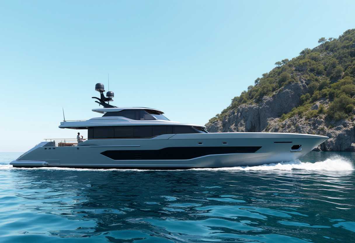 This photograph depicts a sleek, modern superyacht gracefully navigating the calm azure waters. The yacht is designed with a sharp, angular aesthetic, featuring a streamlined hull that cuts through the water with precision. Its color palette is a harmonious blend of metallic grays and whites, with black accents that provide a striking contrast and a touch of luxury.The yachts superstructure is minimalist, with a flat, uncluttered deck that suggests a spacious and airy interior. The windows are large and rectangular, with a dark frame that complements the overall design. The yachts stern is slightly raised, with a small, openair seating area that overlooks the water, likely designed for relaxation and socializing.In the background, the image shows a rugged coastline with steep cliffs and lush greenery. The cliffs are a mix of rocky outcrops and vegetation, with the greenery appearing to be a mix of shrubs and trees. The water is a deep, rich blue, with gentle waves breaking softly against the yachts side, indicating a calm sea.The sky is a clear, light blue, with no clouds, suggesting a sunny day. The medium of the image is digital, as evidenced by the smooth gradients and seamless transitions of colors and textures. The colors are vibrant and rich, with a high degree of saturation that gives the image a lifelike quality. The objects in the image are primarily the superyacht and the coastal landscape, with the water being the medium through which the yacht is navigating.