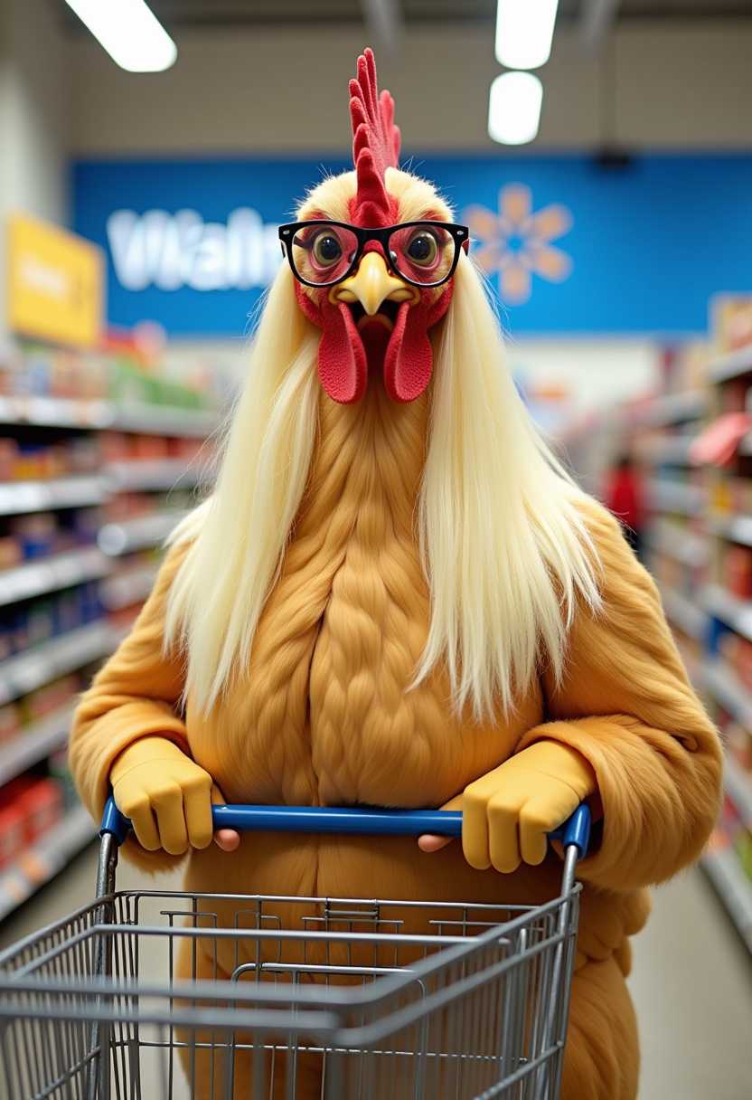 a giant chicken wearing a long blonde wig and glasses, shopping at Walmart, "Walmart" sign in background