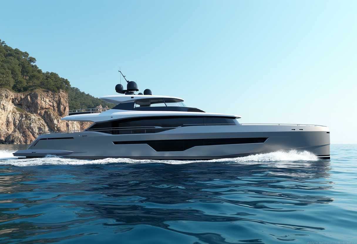 This photograph depicts a sleek, modern superyacht gracefully navigating the calm azure waters. The yacht is designed with a sharp, angular aesthetic, featuring a streamlined hull that cuts through the water with precision. Its color palette is a harmonious blend of metallic grays and whites, with black accents that provide a striking contrast and a touch of luxury.The yachts superstructure is minimalist, with a flat, uncluttered deck that suggests a spacious and airy interior. The windows are large and rectangular, with a dark frame that complements the overall design. The yachts stern is slightly raised, with a small, openair seating area that overlooks the water, likely designed for relaxation and socializing.In the background, the image shows a rugged coastline with steep cliffs and lush greenery. The cliffs are a mix of rocky outcrops and vegetation, with the greenery appearing to be a mix of shrubs and trees. The water is a deep, rich blue, with gentle waves breaking softly against the yachts side, indicating a calm sea.The sky is a clear, light blue, with no clouds, suggesting a sunny day. The medium of the image is digital, as evidenced by the smooth gradients and seamless transitions of colors and textures. The colors are vibrant and rich, with a high degree of saturation that gives the image a lifelike quality. The objects in the image are primarily the superyacht and the coastal landscape, with the water being the medium through which the yacht is navigating.