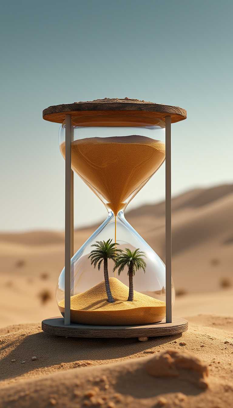 Hourglass in the desert with sand, oasis and palms inside the hourglass