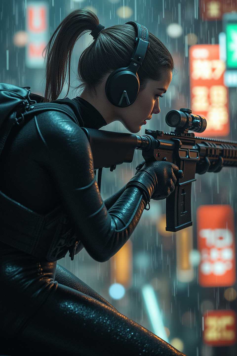hyper realistic and highly detailed, highly dynamic cinematic medium full shot view, Girl sniper on the roof of a house, aiming down from the eaves of the roof, a sniper rifle in her hands, ponytail hairstyle, headphones with a microphone, unloading and a black backpack, black tight bodysuit, black boots, night, light rain, beautiful sky, city with dense high development, neon signs on buildings, side view of a girl. realistic female and image