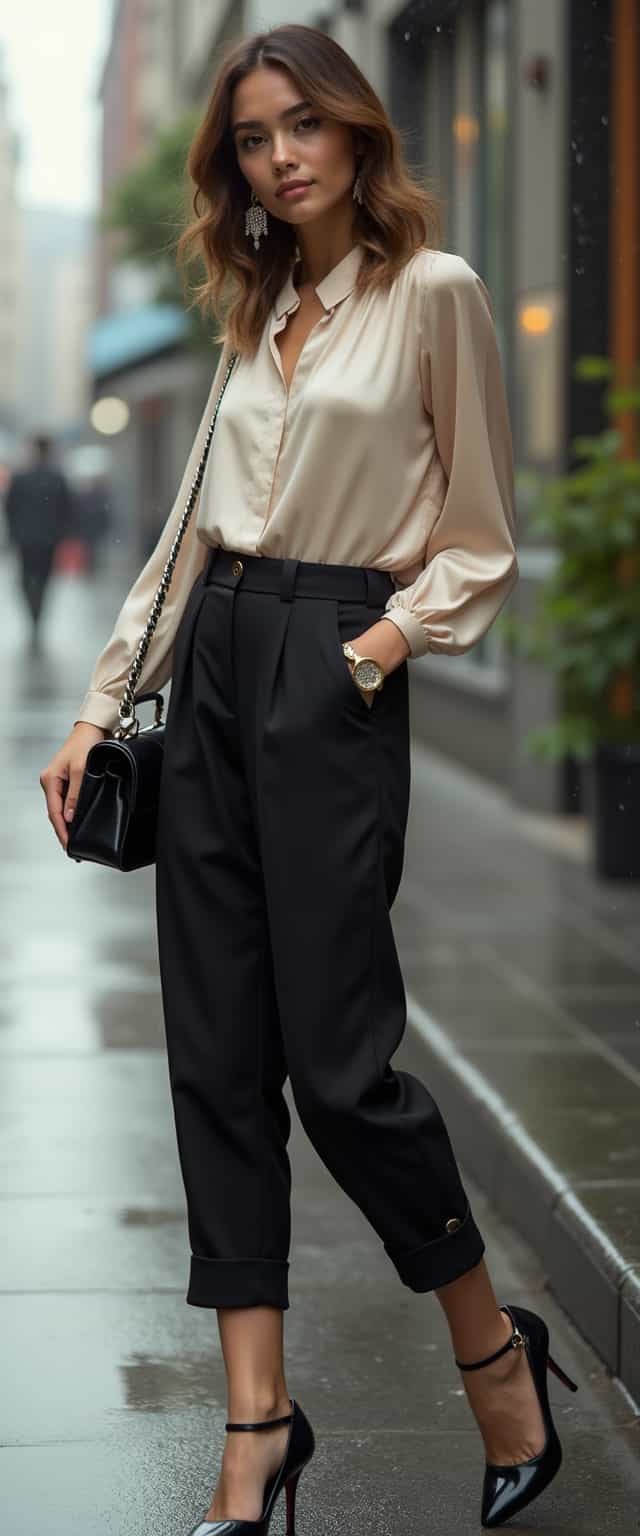 Cinematic style, realism, cinematic quality, Midjourney_Whisper, [12]Realistic photograph, A 20-year-old elegant and sophisticated city woman is wearing a luxury silk blouse and high-waisted pants. The pastel-toned blouse features metallic details, and the pants fall neatly just above the ankles. She pairs black stiletto heels with a designer mini bag, accessorized with diamond earrings of chanel logo and a slim gold watch. Her look is completed with natural wavy hair and neutral-toned makeup, exuding refined city style. full body, looking at viewer, upper body, leg open, standing, rainy playgroun, sittting,