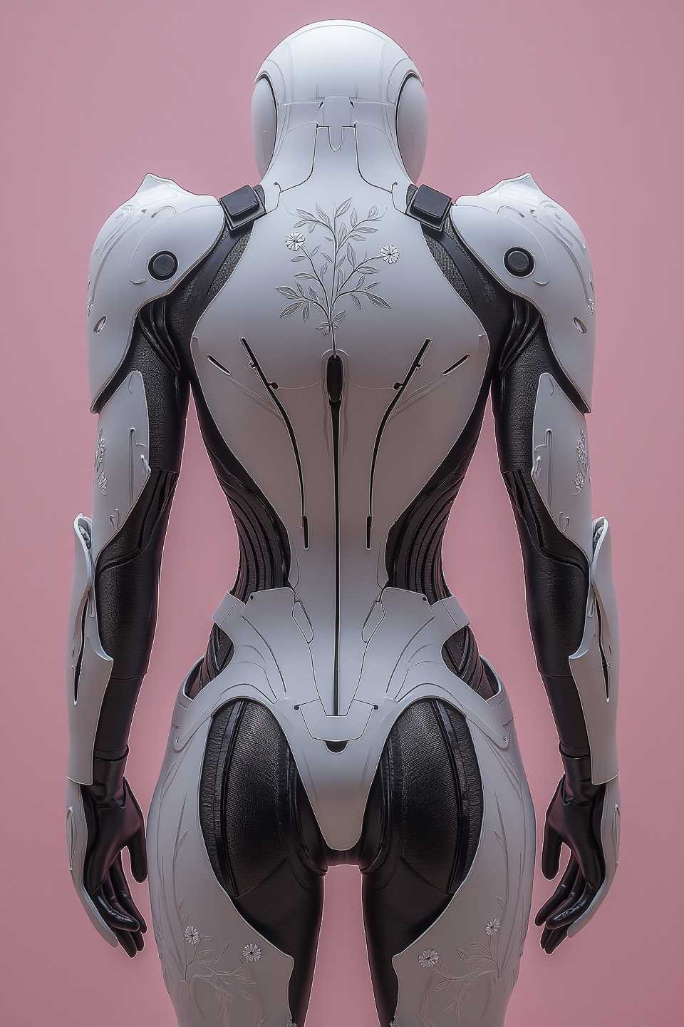 In this captivating image, a zoomed-in view showcases the harmonious blend of classical elegance and modern innovation. Beneath the smooth porcelain surface, an intricate network of tree-like branches replaces traditional wires and pipes, intricately connecting the beautifully designed armor components. This fusion of timeless artistry and visionary architecture is brought to life through a meticulously crafted exoskeleton, inspired by ancient civilizations armor but reimagined in a contemporary, modular style. At the center stands an imposing figure, draped in a sharp and smooth geometric exosuit seamlessly integrating into the architectural surroundings. The suit is adorned with finely floral detailed engravings, echoing the delicate classical motifs, including laurel wreaths, scrolls, and stylized floral patterns. Chamomile flowers bloom from the openings between the chassis and around the head, adding a natural touch. The exosuit's exterior features angular, interlocking panels forming an exoskeletal structure. bright pink background, illuminated by a single light source that casts dramatic, exaggerated shadows.