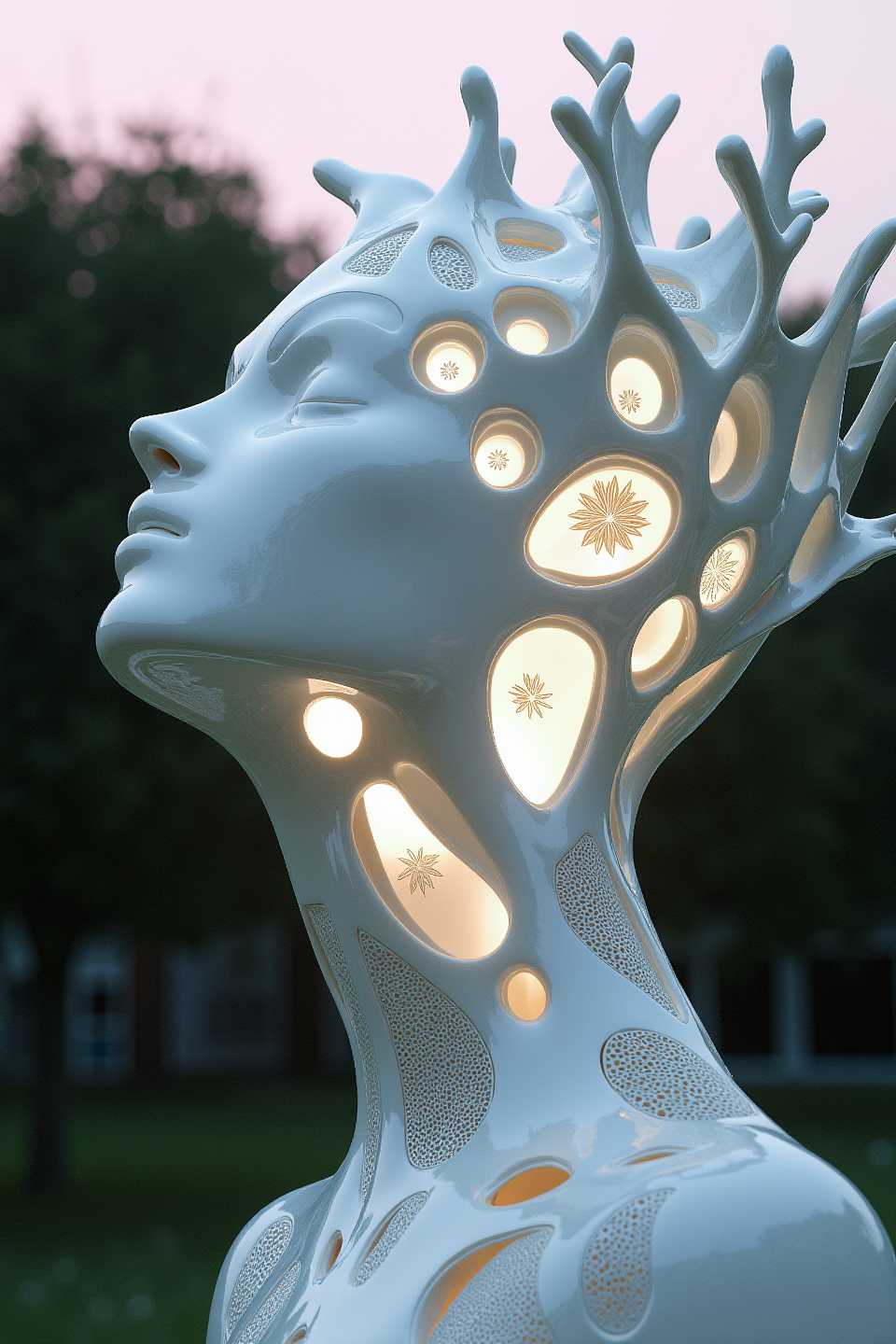 In this captivating image, a zoomed-in view showcases the harmonious blend of classical elegance and modern innovation. Beneath the smooth porcelain surface, an intricate network of tree-like branches replaces traditional wires and pipes, intricately connecting the beautifully designed armor components. This fusion of timeless artistry and visionary architecture is brought to life through a meticulously crafted exoskeleton, inspired by ancient civilizations armor but reimagined in a contemporary, modular style. At the center stands an imposing figure, draped in a sharp and smooth geometric exosuit seamlessly integrating into the architectural surroundings. The suit is adorned with finely floral detailed engravings, echoing the delicate classical motifs, including laurel wreaths, scrolls, and stylized floral patterns. Chamomile flowers bloom from the openings between the chassis and around the head, adding a natural touch. The exosuit's exterior features angular, interlocking panels forming an exoskeletal structure. bright pink background, illuminated by a single light source that casts dramatic, exaggerated shadows.