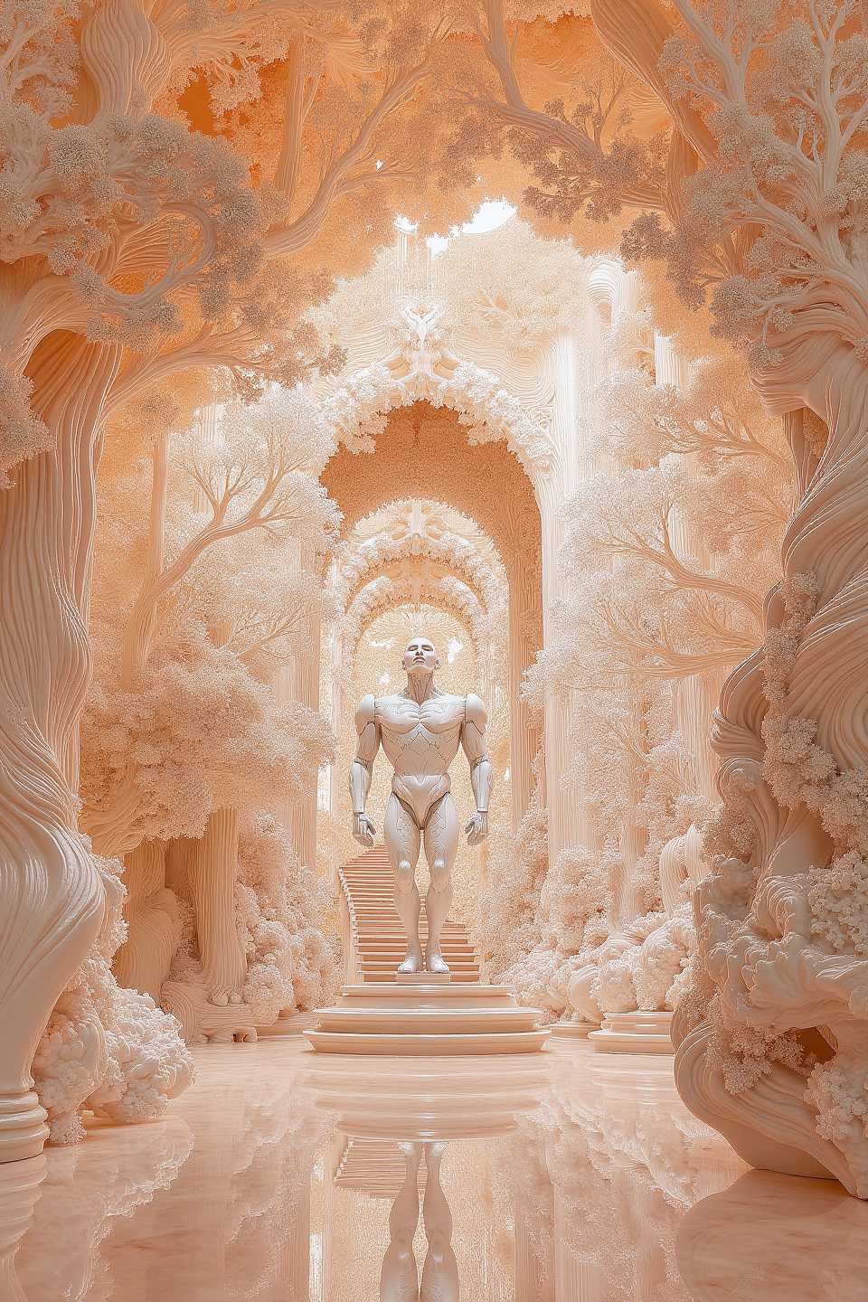 In this captivating image, a zoomed-in view showcases the harmonious blend of classical elegance and modern innovation. Beneath the smooth porcelain surface, an intricate network of tree-like branches replaces traditional wires and pipes, intricately connecting the beautifully designed armor components. This fusion of timeless artistry and visionary architecture is brought to life through a meticulously crafted exoskeleton, inspired by ancient civilizations armor but reimagined in a contemporary, modular style. At the center stands an imposing figure, draped in a sharp and smooth geometric exosuit seamlessly integrating into the architectural surroundings. The suit is adorned with finely floral detailed engravings, echoing the delicate classical motifs, including laurel wreaths, scrolls, and stylized floral patterns. Chamomile flowers bloom from the openings between the chassis and around the head, adding a natural touch. The exosuit's exterior features angular, interlocking panels forming an exoskeletal structure. bright pink background, illuminated by a single light source that casts dramatic, exaggerated shadows.