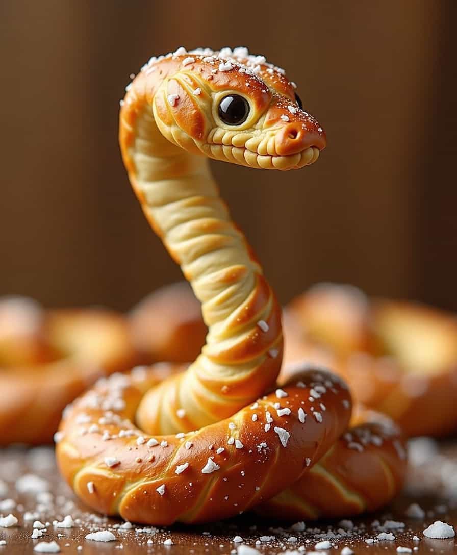 "Create a hyper-realistic image of a snake made entirely of fluffy pretzel, with a texture that resembles soft, twisted dough. The pretzel should be intricately detailed, with a realistic, twisted shape that gives the impression of a real snake. The snake should be lightly topped with a dusting of salt, which should add a subtle, savory texture to the image. The salt should be visible as tiny, white crystals that catch the light, adding a sense of depth and realism to the image. The overall effect should be one of whimsical, mouthwatering wonder, with a focus on the creative and playful use of pretzel as a sculptural medium." highest-Quality, 8 k, intricate details, visually stunning, Masterpiece