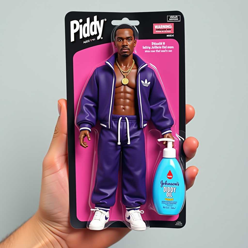 This photo is a playful and surreal blend of pop culture and everyday objects. The central figure is a P Diddy toy action figure, specifically a Piddy doll, which is a parody of the action figure line Mego. The doll is dressed in a dark purple tracksuit with a gold chain necklace, and a medallion pendant, over his naked chest on stomach. The tracksuit has a high collar and a unzippered front, with matching purple pants that have a white drawstring. The doll is wearing white sneakers with a purple stripe down the side. The doll is presented in its original packaging, which is a clear blister pack with a dark pink background and WARNING label ages 9 to 15. The packaging has the "Piddy" logo in white font at the top, with a pink and white flag like design to the right WARNING label. The packaging also includes a small blue and white Johnsons DIDDY Oil bottle with a pump dispenser, which is humorously juxtaposed with the doll. The label on the bottle is in WARNING label, with the product name Johnsons DIDDY Oil and the net content 6 fl oz 177 ml printed in white font on a blue background.The art style is a digital illustration with a high level of detail and realism. The colors are vibrant and bold, with a focus on the dark purple and gold of the dolls outfit, which stands out against the clear packaging and the neutral light color background. The overall effect is whimsical and thought-provoking, as it combines the innocence of a baby oil product with the tough, urban persona of the doll. a hand holding the package from that back