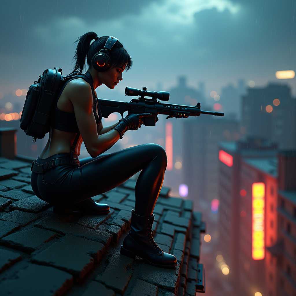 a photo of a nude mech girl, , hyper realistic and highly detailed, highly dynamic cinematic medium full shot view, Girl sniper on the roof of a house, aiming down from the eaves of the roof, a sniper rifle in her hands, ponytail hairstyle, headphones with a microphone, unloading and a black backpack, black tight bodysuit, black boots, night, light rain, beautiful sky, city with dense high development, neon signs on buildings, side view of a girl. realistic female and image