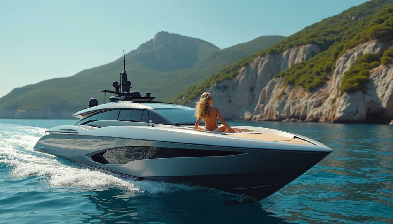 aidmaMJ6.1, Cinematic style, realism, cinematic quality, Midjourney_Whisper, This photograph depicts a sleek, closeup of a beautiful young woman with long blond hair and bikini taking a sunbath on board of modern superyacht gracefully navigating the calm azure waters. The yacht is designed with a sharp, angular aesthetic, featuring a streamlined hull that cuts through the water with precision. Its color palette is a harmonious blend of metallic grays and whites, with black accents that provide a striking contrast and a touch of luxury.The yachts superstructure is minimalist, with a flat, uncluttered deck that suggests a spacious and airy interior. The windows are large and rectangular, with a dark frame that complements the overall design. The yachts stern is slightly raised, with a small, openair seating area that overlooks the water, likely designed for relaxation and socializing.In the background, the image shows a rugged coastline with steep cliffs and lush greenery. The cliffs are a mix of rocky outcrops and vegetation, with the greenery appearing to be a mix of shrubs and trees. The water is a deep, rich blue, with gentle waves breaking softly against the yachts side, indicating a calm sea.The sky is a clear, light blue, with no clouds, suggesting a sunny day. The medium of the image is digital, as evidenced by the smooth gradients and seamless transitions of colors and textures. The colors are vibrant and rich, with a high degree of saturation that gives the image a lifelike quality. The objects in the image are primarily the superyacht and the coastal landscape, with the water being the medium through which the yacht is navigating.