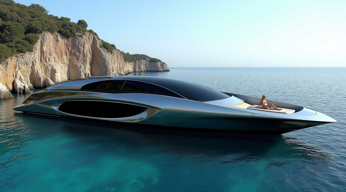 This photograph depicts a sleek, modern superyacht gracefully navigating the calm azure waters. The yacht is designed with a sharp, angular aesthetic, featuring a streamlined hull that cuts through the water with precision. Its color palette is a harmonious blend of metallic grays and whites, with black accents that provide a striking contrast and a touch of luxury.The yachts superstructure is minimalist, with a flat, uncluttered deck that suggests a spacious and airy interior. The windows are large and rectangular, with a dark frame that complements the overall design. The yachts stern is slightly raised, with a small, openair seating area that overlooks the water, likely designed for relaxation and socializing.In the background, the image shows a rugged coastline with steep cliffs and lush greenery. The cliffs are a mix of rocky outcrops and vegetation, with the greenery appearing to be a mix of shrubs and trees with a beautiful young woman with long blond hair and bikini taking a sunbath on board. The water is a deep, rich blue, with gentle waves breaking softly against the yachts side, indicating a calm sea.The sky is a clear, light blue, with no clouds, suggesting a sunny day. The medium of the image is digital, as evidenced by the smooth gradients and seamless transitions of colors and textures. The colors are vibrant and rich, with a high degree of saturation that gives the image a lifelike quality. The objects in the image are primarily the superyacht and the coastal landscape, with the water being the medium through which the yacht is navigating.