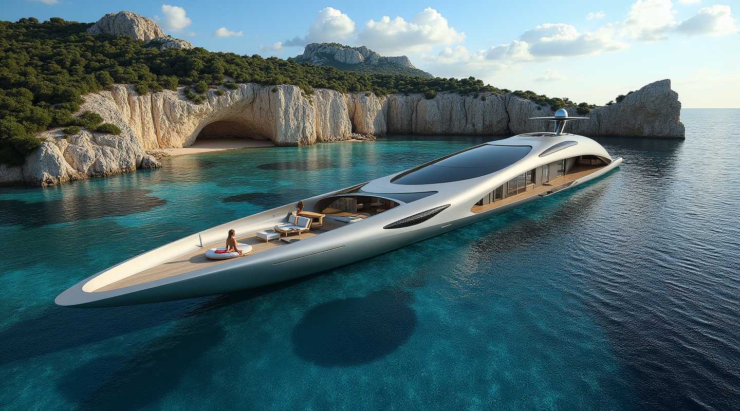 This photograph depicts a sleek, modern superyacht gracefully navigating the calm azure waters. The yacht is designed with a sharp, angular aesthetic, featuring a streamlined hull that cuts through the water with precision. Its color palette is a harmonious blend of metallic grays and whites, with black accents that provide a striking contrast and a touch of luxury.The yachts superstructure is minimalist, with a flat, uncluttered deck that suggests a spacious and airy interior. The windows are large and rectangular, with a dark frame that complements the overall design. The yachts stern is slightly raised, with a small, openair seating area that overlooks the water, likely designed for relaxation and socializing.In the background, the image shows a rugged coastline with steep cliffs and lush greenery. The cliffs are a mix of rocky outcrops and vegetation, with the greenery appearing to be a mix of shrubs and trees with a beautiful young woman with long blond hair and bikini taking a sunbath on board. The water is a deep, rich blue, with gentle waves breaking softly against the yachts side, indicating a calm sea.The sky is a clear, light blue, with no clouds, suggesting a sunny day. The medium of the image is digital, as evidenced by the smooth gradients and seamless transitions of colors and textures. The colors are vibrant and rich, with a high degree of saturation that gives the image a lifelike quality. The objects in the image are primarily the superyacht and the coastal landscape, with the water being the medium through which the yacht is navigating.