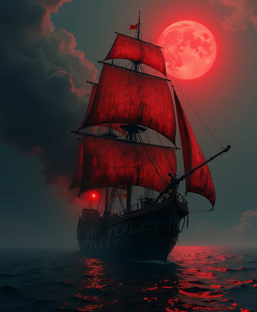 Blood Moon Pirate Ship Sails Through the Night