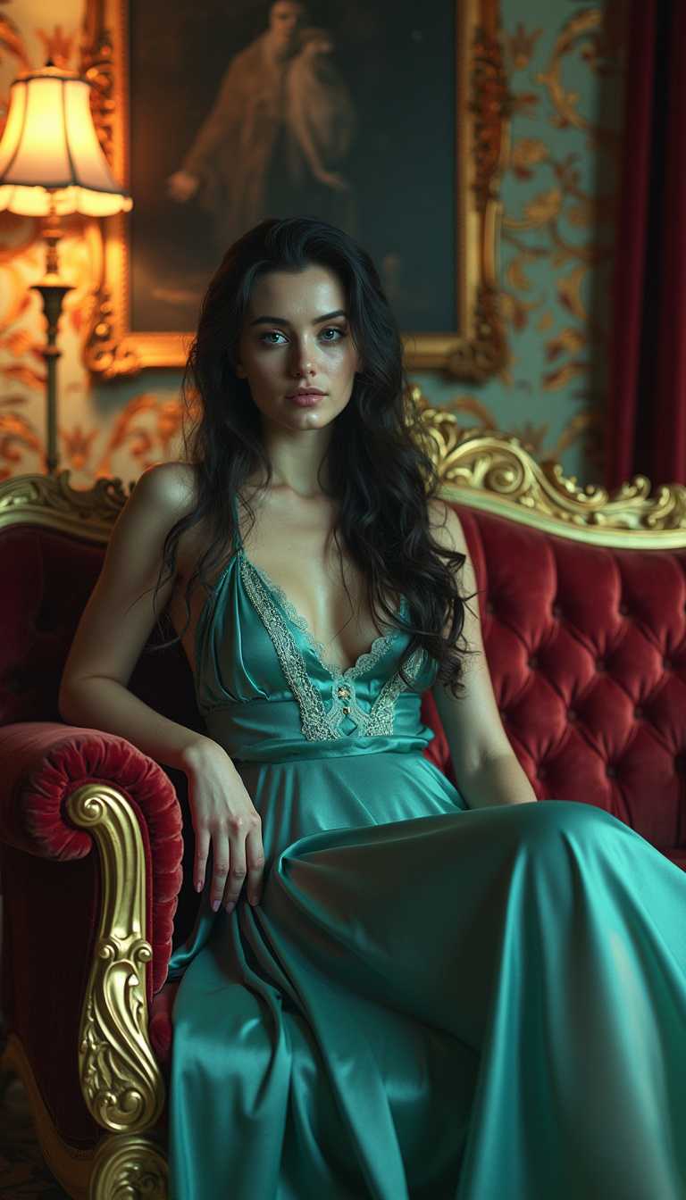 Elegant Lady in Teal Gown on Velvet Sofa
