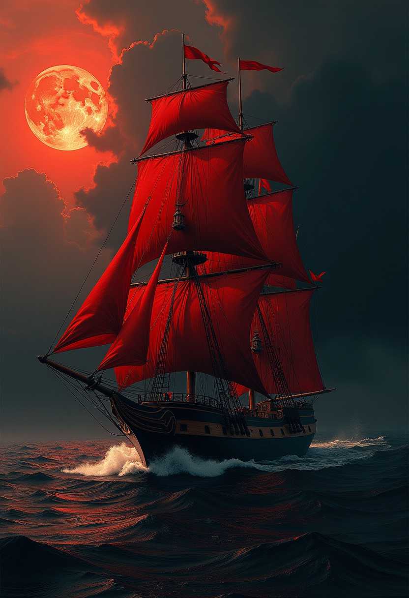 Cinematic style, realism, cinematic quality, Midjourney_Whisper, 
A 17th century Spanish Red Galleon cruises trough the void of a ink, the Galleon is cover in bright black decors, in sails of the ship are famous Goya’s paintings. The mood of the scene has an atmosphere of danger. The overall of the piece is a fever dream of a painter going insane. The piece looks 17th paint that evokes madness, contrast and unworldliness.