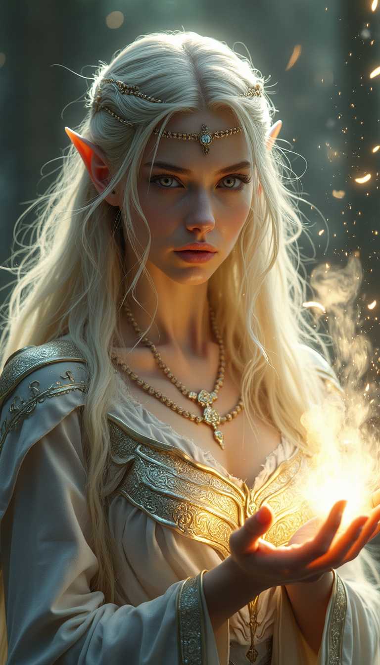 Envision a hyper-realistic image of an enigmatic female elven light mage with( mesmerizing eyes glowing with  white fire with overwhelming magic:1.2) in the style of Aleksi Briclot rendered in high definition 8K resolution. she is a living conduit of magic as she commands the magic with her hands to do her bidding against her enemies,  Her long flowing hair blonde moves and pulse around her. she wears elaborate robes of shimmering silver and white adorned with intricate patterns of Elven runes with an armored breastplate,  The scene is illuminated by a soft yet intense neon white light that casts an otherworldly glow on her delicate features, evoking a sense of deep fear as the winds of magic flow around her . From an unusual perspective,, this ethereal portrait captures both the transcendent beauty and profound inner power of the subject. <lora:artisketchyfs-v02:0.5>   <lora:Aura_Flux:0.5> auralora

