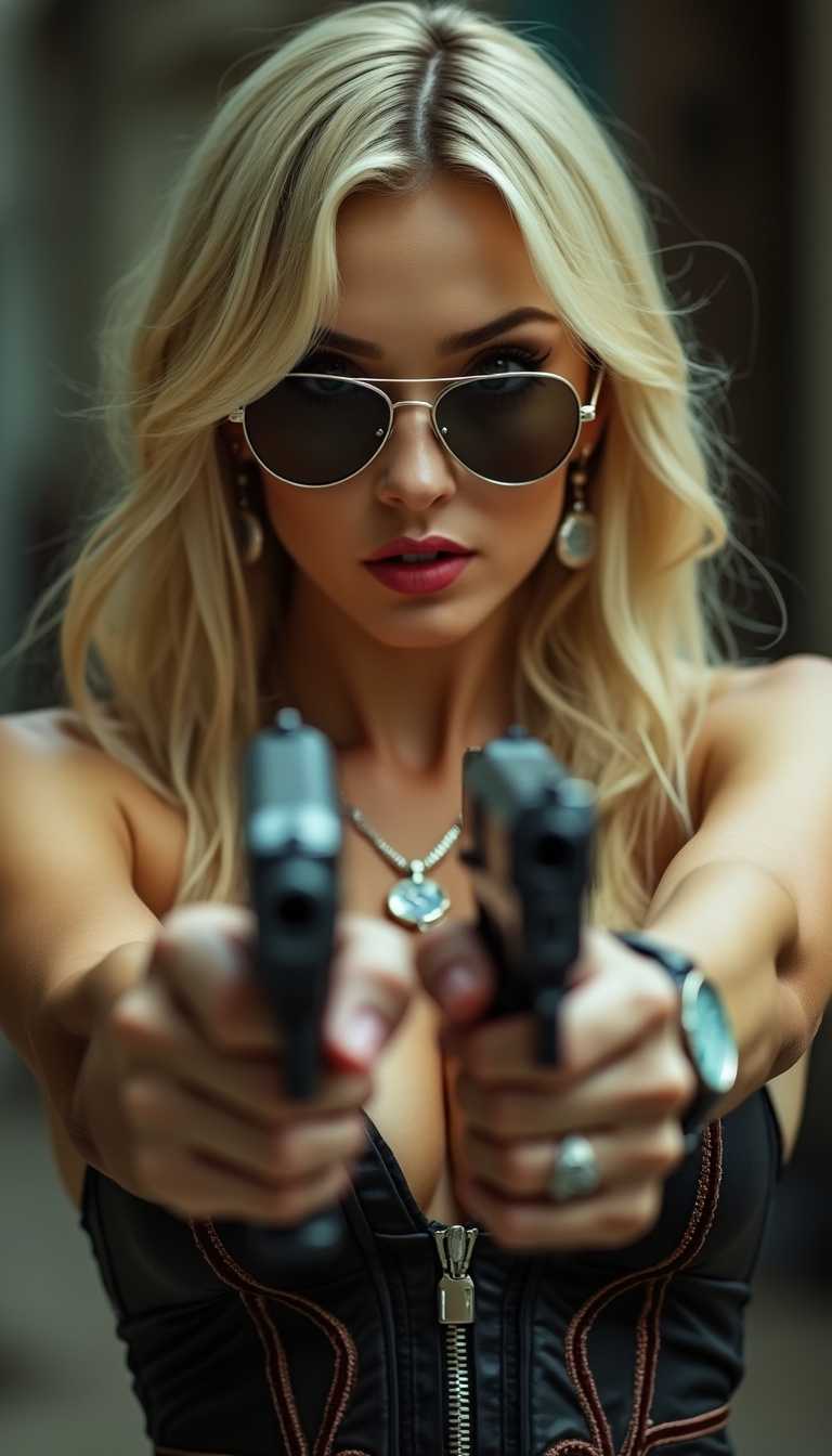 cinematic film still of  perfection style
A perfect photo of a woman in a corset holding two guns,1girl,solo,blonde hair,holding,jewelry,weapon,earrings,necklace,holding weapon,lips,gun,sunglasses,foreshortening,holding gun,handgun,dual wielding,watch,realistic,wristwatch,trigger discipline,finger on trigger,aiming at viewer,aviator sunglasses,m1911,beretta 92 , detailed face, detailed body, detailed hands, detailed eyes, detailed nose, detailed ears, detailed hair, detailed, perfection, detailed teeth, detailed skin texture, wrinkly, detailed fingers, detailed mouth, beauty, realism, real, detailed hair, detailed pores, detailed background, sharp image, detailed lips, different race, different color, different haircut, different skin tone, different, different people, different pose, perfection style, shallow depth of field, vignette, highly detailed, high budget, bokeh, cinemascope, moody, epic, gorgeous, film grain, grainy
