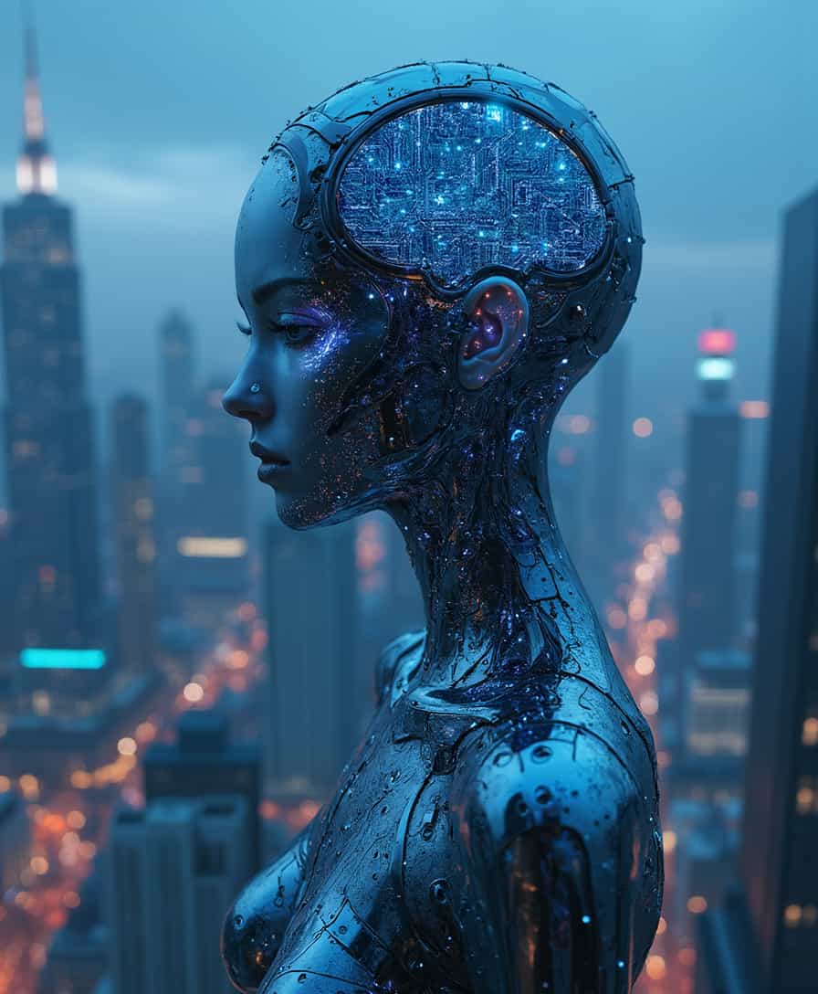 Breathtaking bird’s eye view featuring a computer-generated humanoid cyber girl deeply immersed in thought, her design a stunning fusion of sleek, metallic skin shimmering in silver and electric blue hues. Intricate circuitry patterns weave across her form, seamlessly integrating with her digital nature. Her neural network is subtly visible beneath the translucent layers of her scalp, pulsating with a soft, glowing light, a testament to her advanced artificial intelligence. She is caught in ebony black and ivory white temporal loops, masterfully rendered in a Quantum Baroque style, where tachyon light sources dance around her, enhancing her ethereal presence. This scene unfolds against the backdrop of a sprawling futuristic cityscape; towering skyscrapers rise majestically, their elongated shadows casting mystery under a dim, neon-lit evening sky. The atmosphere, rich with introspection and technological progression, is intensified by a cool palette of blues and purples that accentuate the futuristic ambiance. The photorealistic style captures every detail with incredible precision, thanks to cutting-edge digital rendering techniques. Compositional elegance allows ample copy space within the expansive sky, perfect for overlaying the title 'Kill Switch'. The wide-angle lens perspective heightens the grandeur of the cityscape, centering the cyber girl as the captivating focal point of this awe