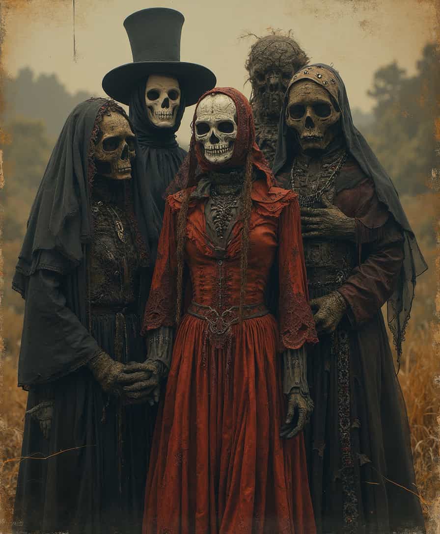 Title: "Haunting Vintage Hallucination"  
Description: A hyper-realistic portrayal of 1919 Halloween costumes, blending gothic and surreal aesthetics.  
Visual Details: The outfits are a stunning tapestry of deeply intricate designs featuring layers of tattered lace, dark velvets, and distressed silks. Colors shimmer in hues of sepia, deep crimson, and onyx, creating a rich, textured appearance. Elaborately painted masks and eerily realistic prosthetic scars embellish the attire, adding a haunting spooky dimension.  
Style: A fusion of vintage photography and surrealism, inspired by the evocative works of Alex Stoddard, Natalia Drepina, and Brooke Shaden. The scene captures the essence of a timeless, unsettling postcard, imbued with signs of age and madness.  
Composition: The subjects are arranged in an eccentric yet visually captivating manner, creating a striking harmony amidst intentional disorder. Captured from a birds eye-angle perspective, they loom large and imposing against a dim, twilight sky. Employing a double exposure technique, an ethereal, ghostly layer is introduced, subtly blurring the line between reality and the surreal.  
Mood and Atmosphere: An atmosphere of maddening delirium, where time is fluid and the boundary between fantasy and reality double exposure complex art by Alex Stoddard, Natalia Drepina and Brooke Shaden surreal postcard on a cracked paper, extremely dynamic, unusual , vintage, Steampunk