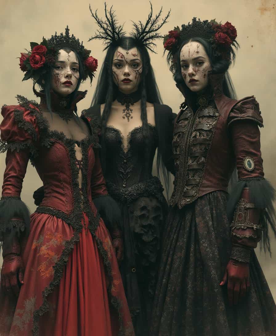 Title: "Haunting Vintage Hallucination"  
Description: A hyper-realistic portrayal of 1919 Halloween costumes, blending gothic and surreal aesthetics.  
Visual Details: The outfits are a stunning tapestry of deeply intricate designs featuring layers of tattered lace, dark velvets, and distressed silks. Colors shimmer in hues of sepia, deep crimson, and onyx, creating a rich, textured appearance. Elaborately painted masks and eerily realistic prosthetic scars embellish the attire, adding a haunting spooky dimension.  
Style: A fusion of vintage photography and surrealism, inspired by the evocative works of Alex Stoddard, Natalia Drepina, and Brooke Shaden. The scene captures the essence of a timeless, unsettling postcard, imbued with signs of age and madness.  
Composition: The subjects are arranged in an eccentric yet visually captivating manner, creating a striking harmony amidst intentional disorder. Captured from a birds eye-angle perspective, they loom large and imposing against a dim, twilight sky. Employing a double exposure technique, an ethereal, ghostly layer is introduced, subtly blurring the line between reality and the surreal.  
Mood and Atmosphere: An atmosphere of maddening delirium, where time is fluid and the boundary between fantasy and reality double exposure complex art by Alex Stoddard, Natalia Drepina and Brooke Shaden surreal postcard on a cracked paper, extremely dynamic, unusual , vintage, Steampunk