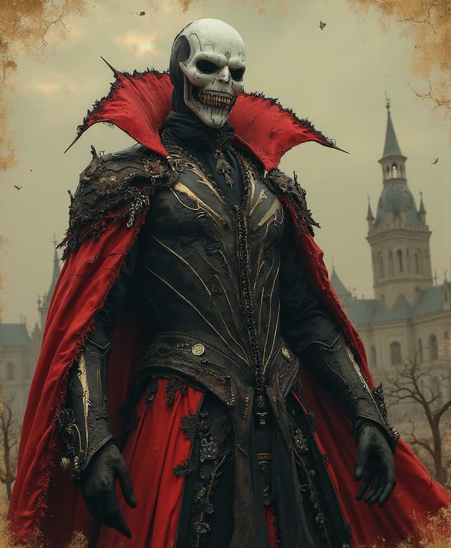 Hyper-realistic portrayal of Todd McFarlane's Spawn set in 1919, merging gothic and surreal aesthetics. The composition features intricately designed outfits, woven with layers of tattered lace, dark velvets, and distressed silks, shimmering in sepia, deep crimson, and onyx. Elaborate masks and eerily realistic prosthetic scars enhance the haunting, spooky dimension of the attire. The style is a captivating fusion of vintage photography and surrealism, echoing the evocative art of Alex Stoddard, Natalia Drepina, and Brooke Shaden. Spawn stands large and imposing against a dim twilight sky, utilizing a double exposure technique to introduce an ethereal, ghostly layer, erasing the boundary between reality and surrealism. The image evokes the essence of a timeless, unsettling postcard on cracked paper, rich with signs of age and madness. An atmosphere of maddening delirium permeates the scene, capturing a sense of fluid time and fantasy within a vintage, steampunk context. The overall visual narrative is extremely dynamic and unusual, transporting viewers to a surreal world where past and imagination collide.