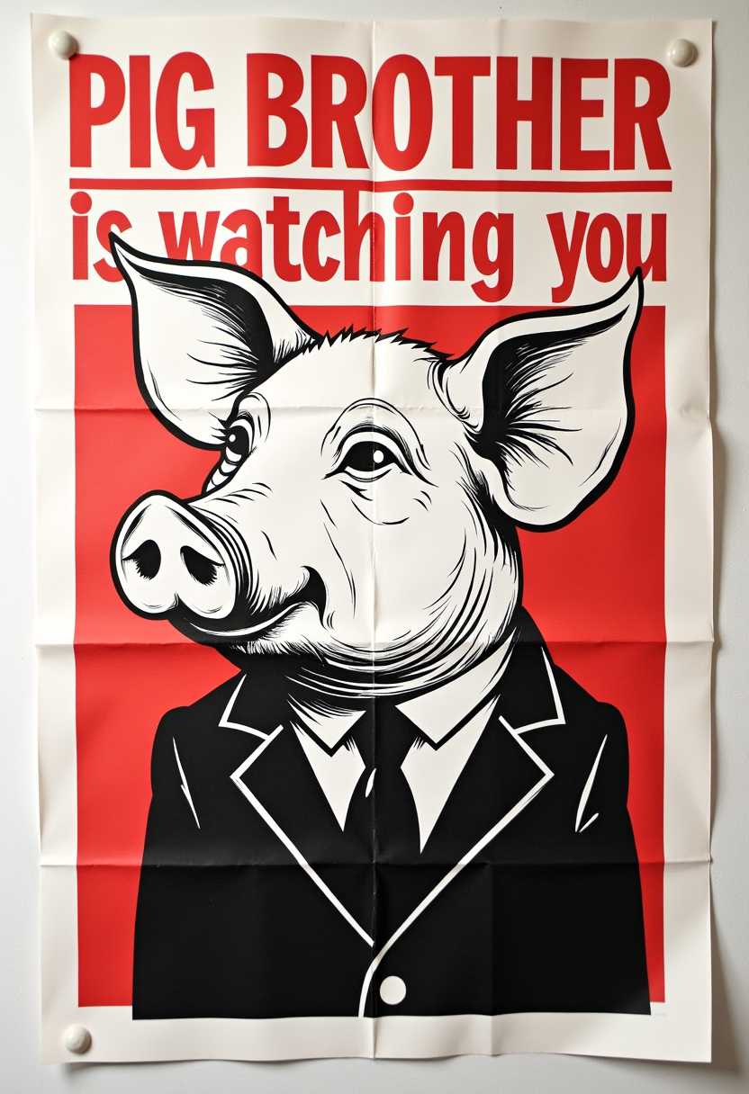 This image is a red and white poster. The text PIG BROTHER is watching you is prominently displayed in bold, uppercase letters at the top of the poster. The font is bold and somewhat aggressive, which adds a sense of urgency or warning to the message.The central figure in the image is a caricature of a pig wearing a suit and tie. The pig is drawn in a cartoonish style, with exaggerated features such as a large head, a prominent snout, and a somewhat menacing expression. The pig is depicted in profile, looking to the right of the image, with its head turned slightly to the side. The suit is simple, with a single line for the lapel and a plain tie, which contrasts with the pigs more detailed snout and ears.The background of the poster is plain white, which makes the black text and the pig figure stand out prominently. The simplicity of the background also draws the viewers attention directly to the central figure and the text.The overall art style of the poster is reminiscent of propaganda posters, with a clear message and a strong visual impact. The use of black and white adds to the stark, impactful nature of the image. The medium appears to be paper, given the visible folds and creases, which are common in posters that are meant to be hung or displayed.