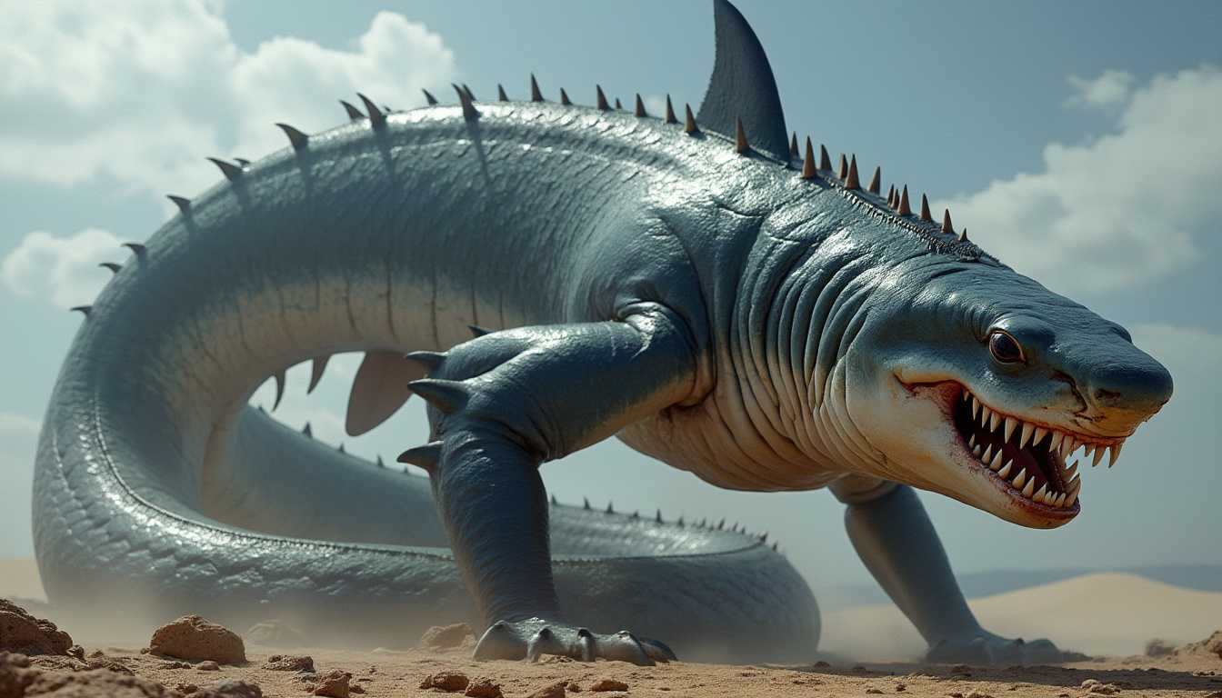 A massive hybrid creature that has the powerful body of a shark with sleek, streamlined skin and a long, coiling tail like a giant snake. The head resembles a fearsome shark with razor-sharp teeth and a wide, menacing mouth. Its body is elongated, combining the muscular frame of a shark with the sinuous, flexible form of a snake, capable of moving through water and coiling on land. The creature has sharp fins running along its back, and its eyes gleam with a predatory intensity. The scales transition from the rough skin of a shark to the scaly texture of a serpent. Its overall appearance is both aquatic and serpentine, moving gracefully through water but equally dangerous on land, blending the deadliest traits of both animals.