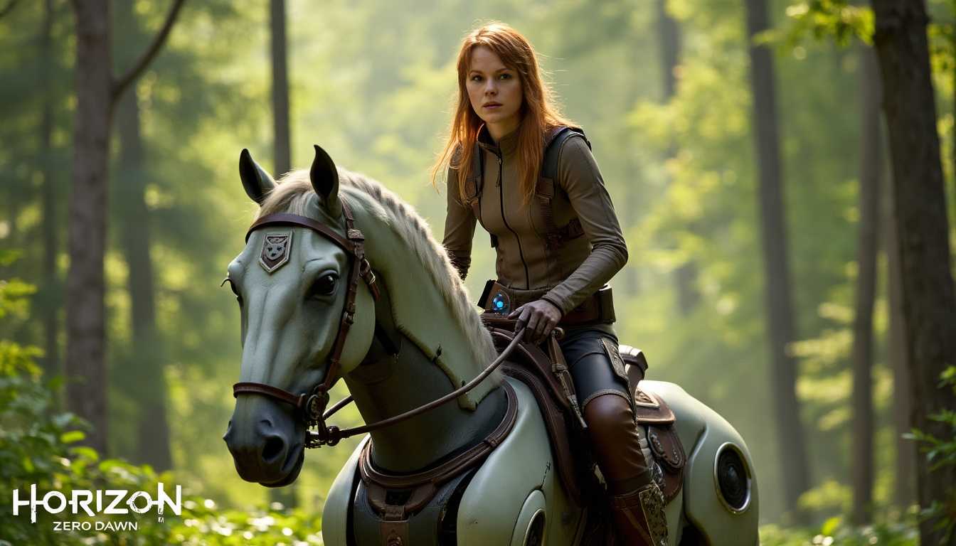 A photo of Emma Stone portraying Aloy from Horizon Zero Dawn. She is riding a mechanical robot horse. The background is a lush green forest.