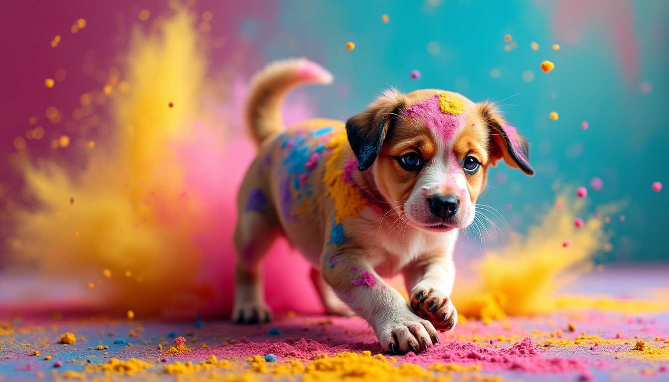 A wide and colorful sublimation print design for a mug. The background is a vibrant, abstract pattern of swirling colors. There's a dog with its body covered in colorful powder. The dog is running and its paws are also covered in the powder. The overall design has a playful and energetic vibe.