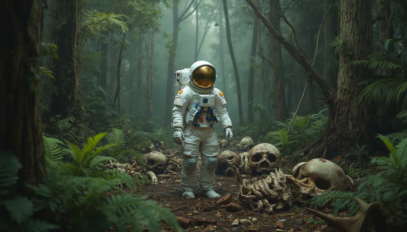 Astronaut in Bizarre Forest with Skeletal Remains Surreal and Mysterious Scene
