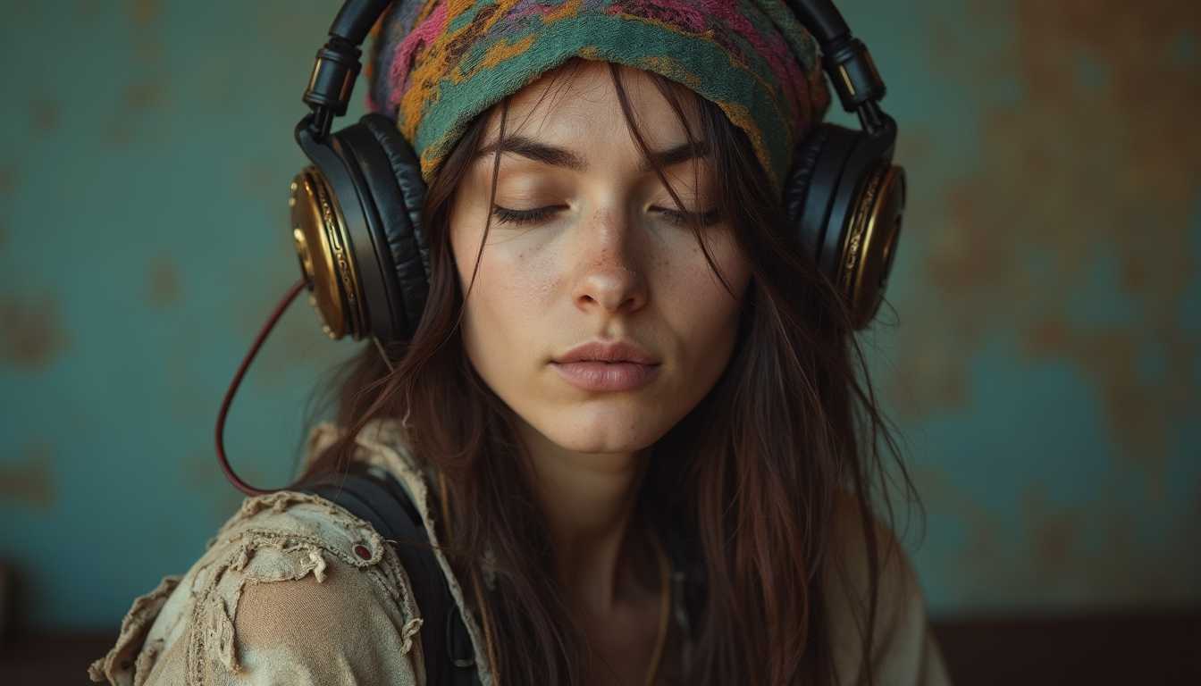 A captivating portrait of a bohemian woman with a vibrant multi-colored headscarf, adorned with large headphones resting on her head. The device connected to the headphones seems to be an antique walkman, adding a nostalgic touch. Her worn and frayed clothing complements the rugged style, reflecting her free-spirited nature. With her eyes closed, she appears lost in thought, radiating a sense of calm and serenity. The muted, textured wall in the background enhances the moody atmosphere, creating a sense of intimacy and introspection.