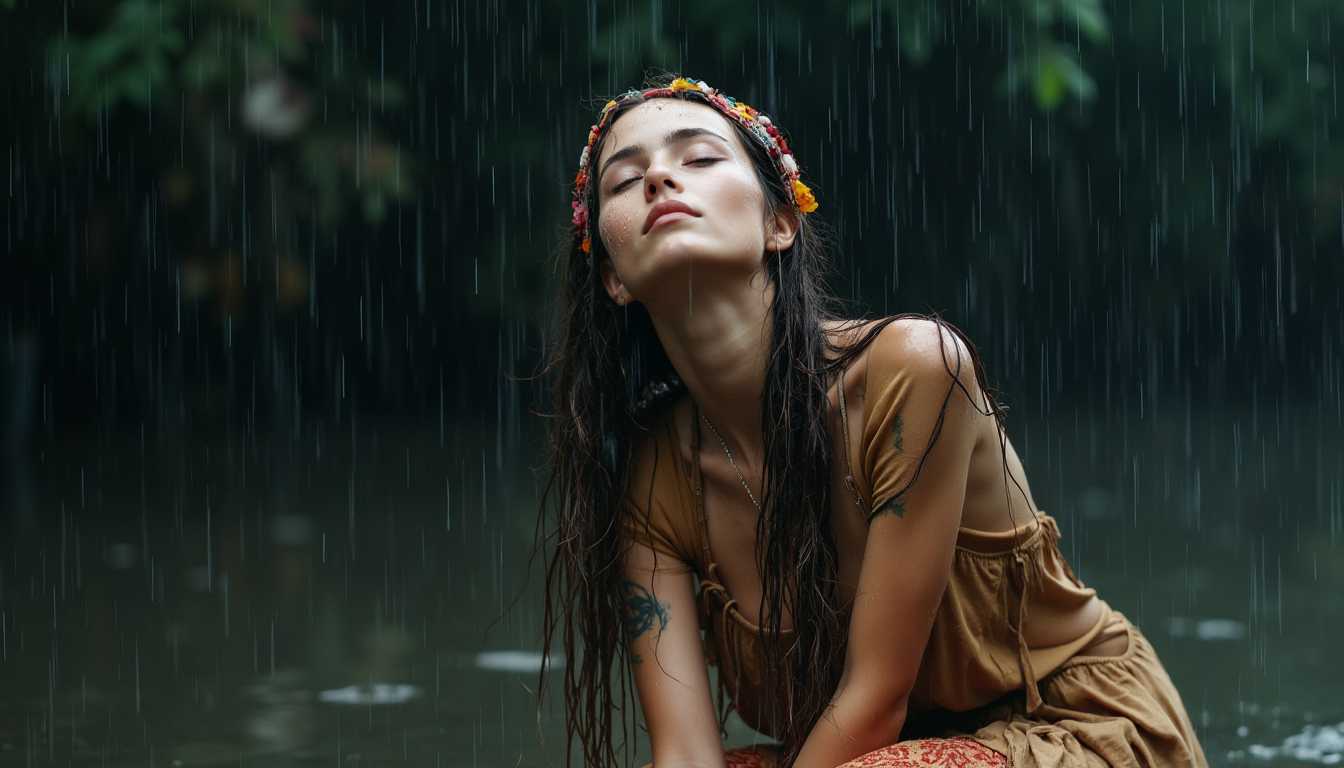 A captivating professional SLR photograph features a slim, hippie bohemian Swedish girl kneeling gracefully in the pouring rain. Her eyes are closed, and her face is upturned, exuding serenity amidst the raging storm. Her long, drenched hair is decorated with vibrant headbands and bohemian accessories, as the rain cascades down. Clad in an earthy-toned, flowy bohemian outfit, the fabric clings tightly to her body. The background is almost black and out of focus, highlighting her tranquil presence in the tempest.