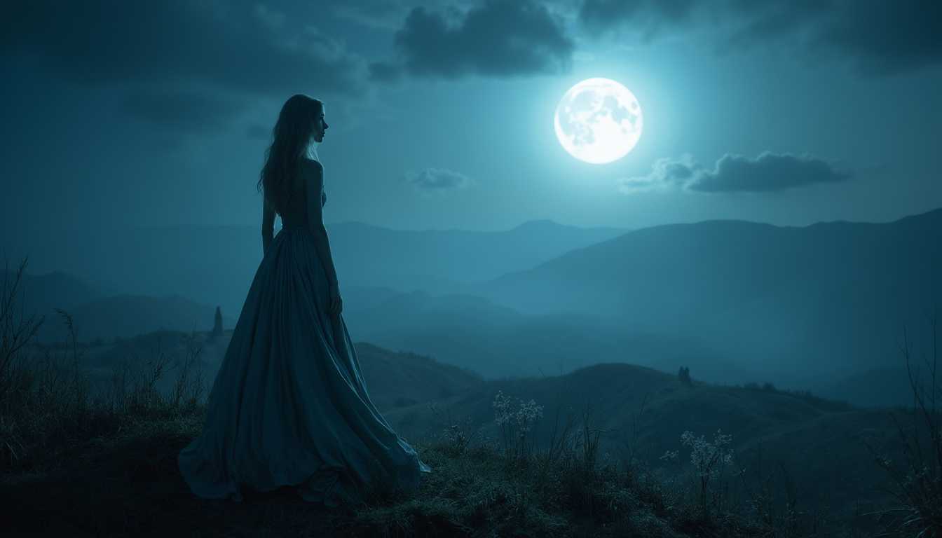 A captivating cinematic photo of a young woman standing on a moonlit hill, with the full moon casting a silvery glow across the vast moor. The woman, dressed in a flowing gown, appears deeply connected to the mystical landscape, her eyes wide with awe. The full moon's radiance enhances the vibrant colors of the scene, creating a magical and eerie atmosphere that captures the viewer's imagination., cinematic, photo, vibrant