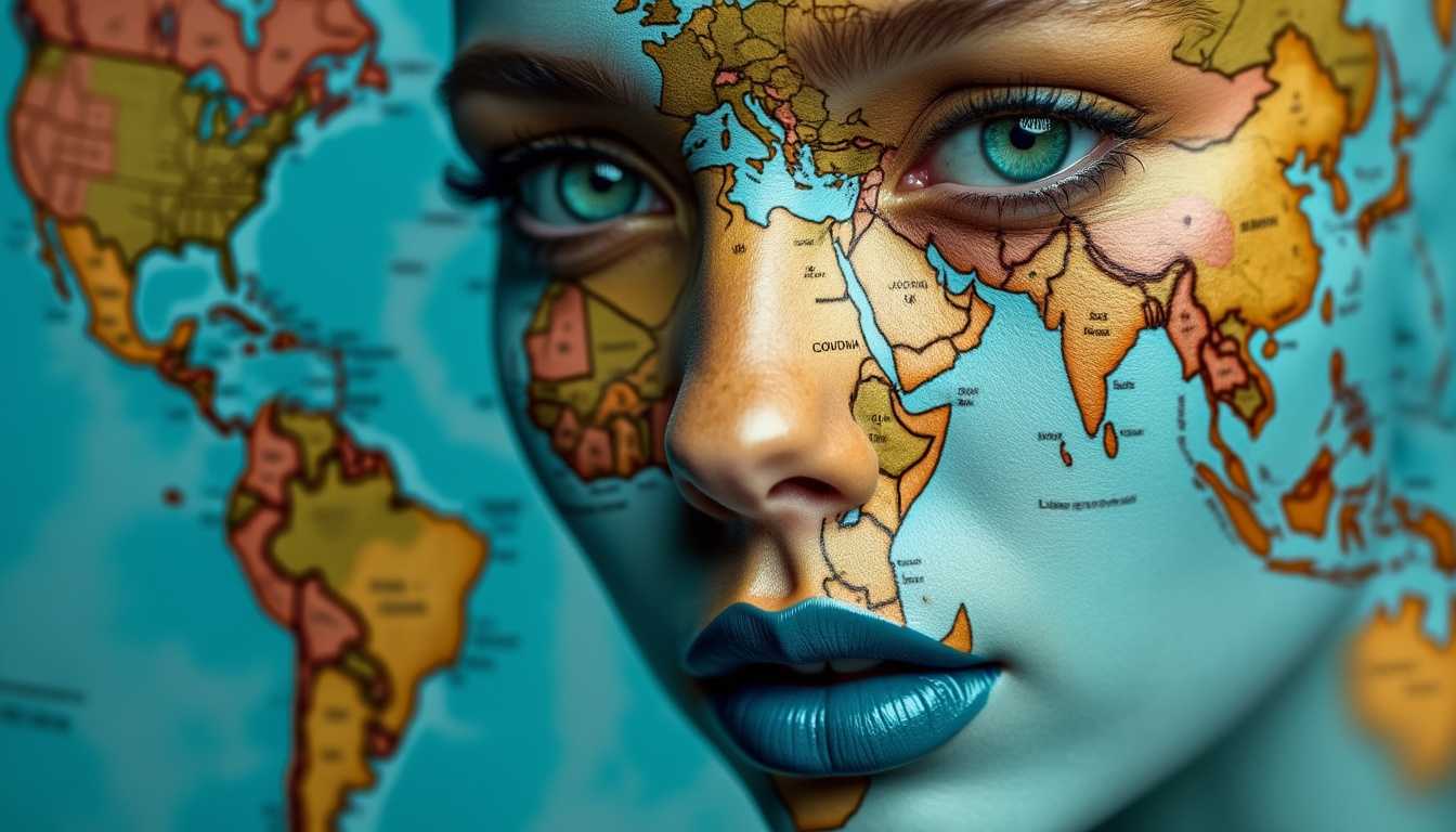 A surreal and captivating image of a woman's face with her skin intricately merged with a map of the world. The map details, including countries and water bodies, are vividly visible. The woman's eyes are a striking shade of green, and her lips are painted in a deep blue hue. The overall color palette is dominated by shades of blue, green, and earthy tones.