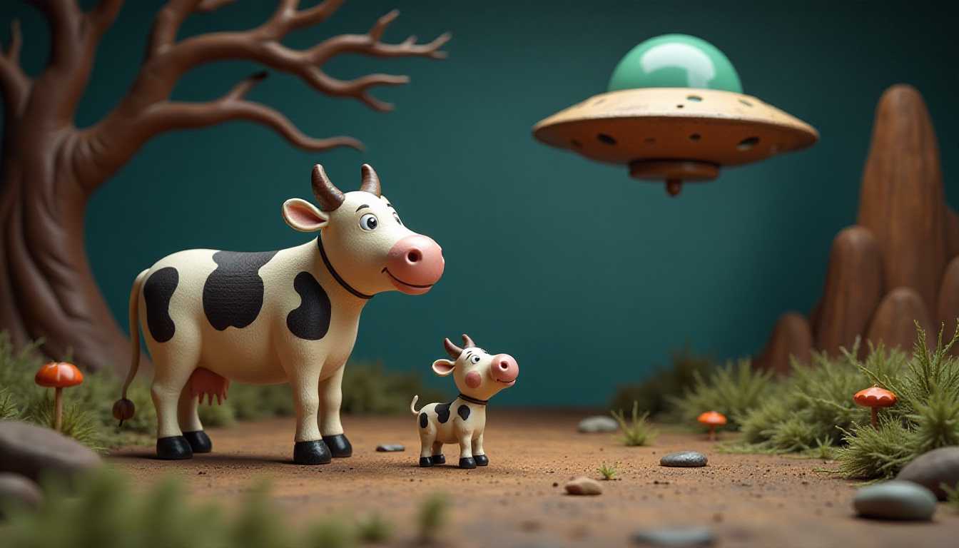 3d cartoon cow abducted by ufo
This image features 3d and scenery characters that appears to be painted wooden figures or puppets without strings. The art style is whimsical and cartoonish, with exaggerated facial features and a playful, fantastical quality.
Carved painted wooden background depicting a spooky remote place with a flying saucer 
