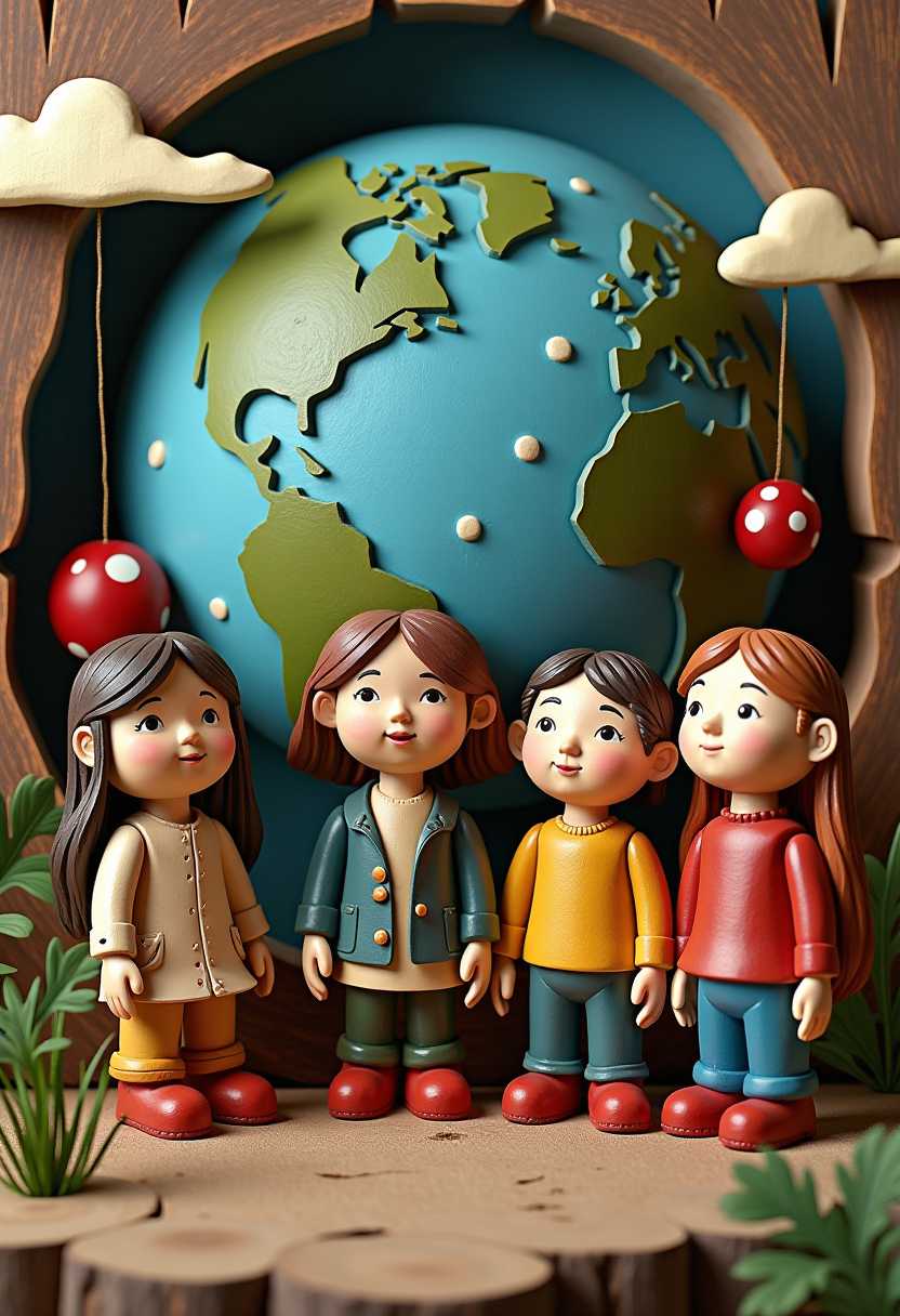 3d global mayhem
This image features 3d characters and scenery that appears to be painted wooden figures or puppets without strings. The art style is whimsical and cartoonish, with exaggerated facial features and a playful, fantastical quality.
Carved painted wooden background depicting apocalypse